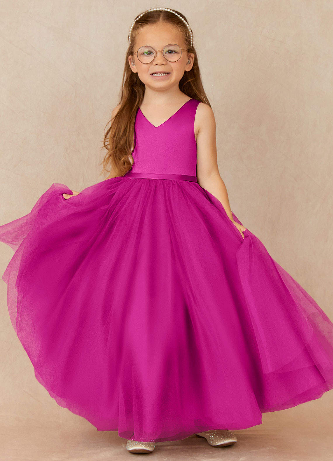 Azazie Marybell Flower Girl Dresses Fuchsia A-Line Bow Tulle Dress image1