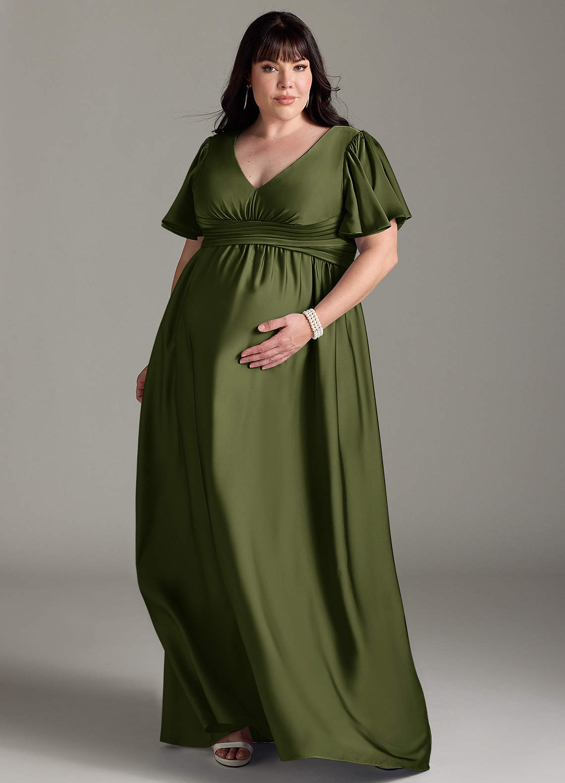 Azazie Verna vestidos de dama de honor de maternidad Vestido de Corte en A Volante Hasta el suelo Satén Elástico image8