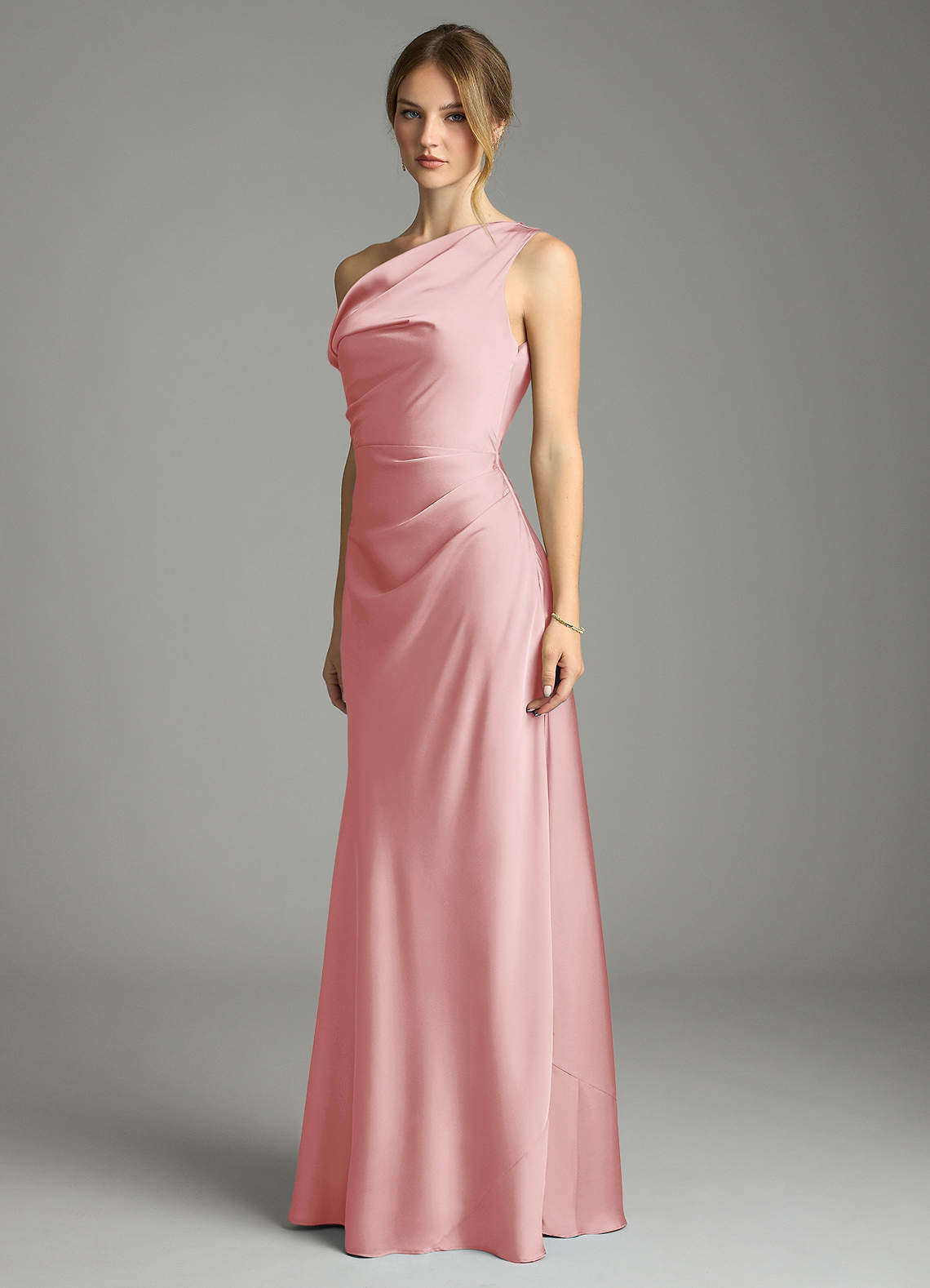 Azazie Emerson Bridesmaid Dresses Powder Pink Mermaid Off the Shoulder Stretch Satin Dress image3