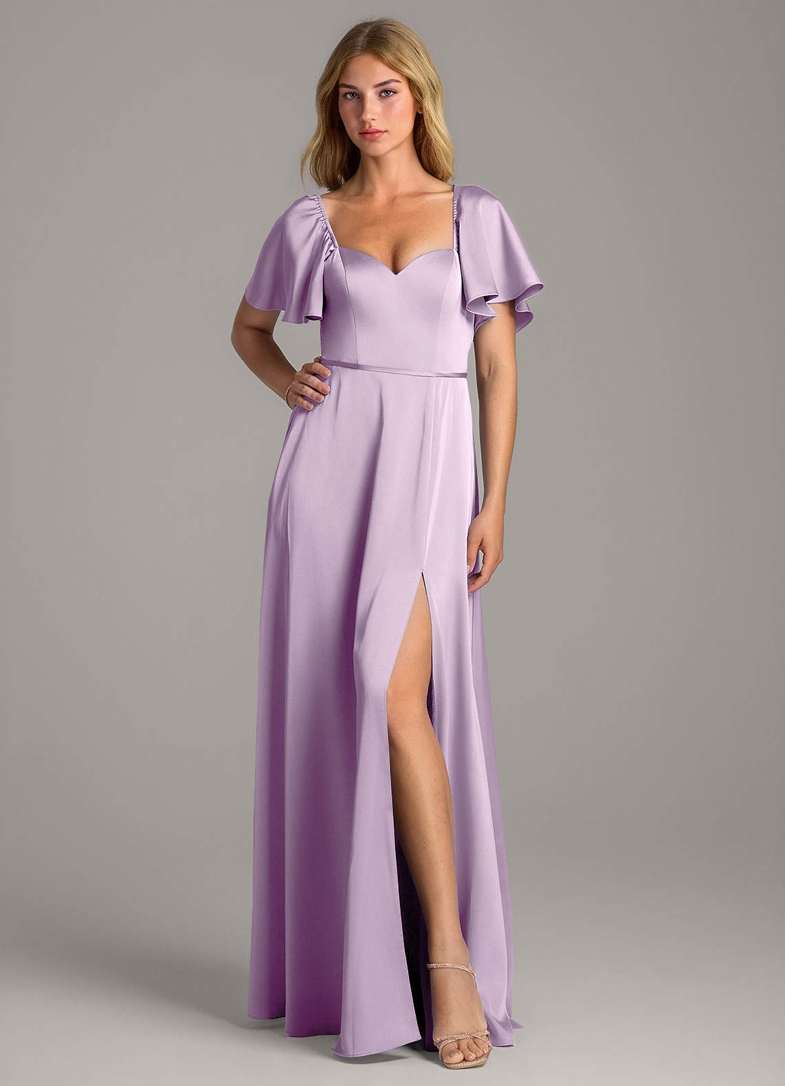 Azazie Chloe Vestidos de damas de honor Vestido de Lila Esmerilada de Satén Elástico de Corte en A con Escote de Corazón image1