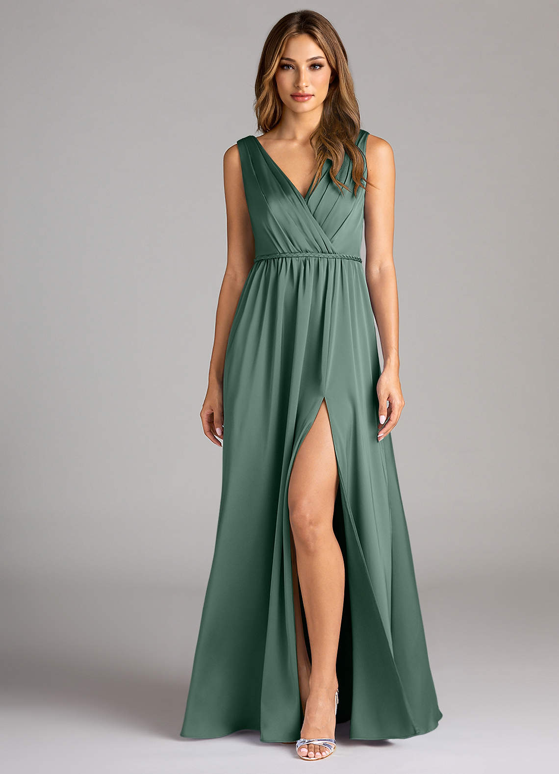 Azazie Tanicia Bridesmaid Dresses Eucalyptus A-Line Pleated Stretch Satin Dress image1