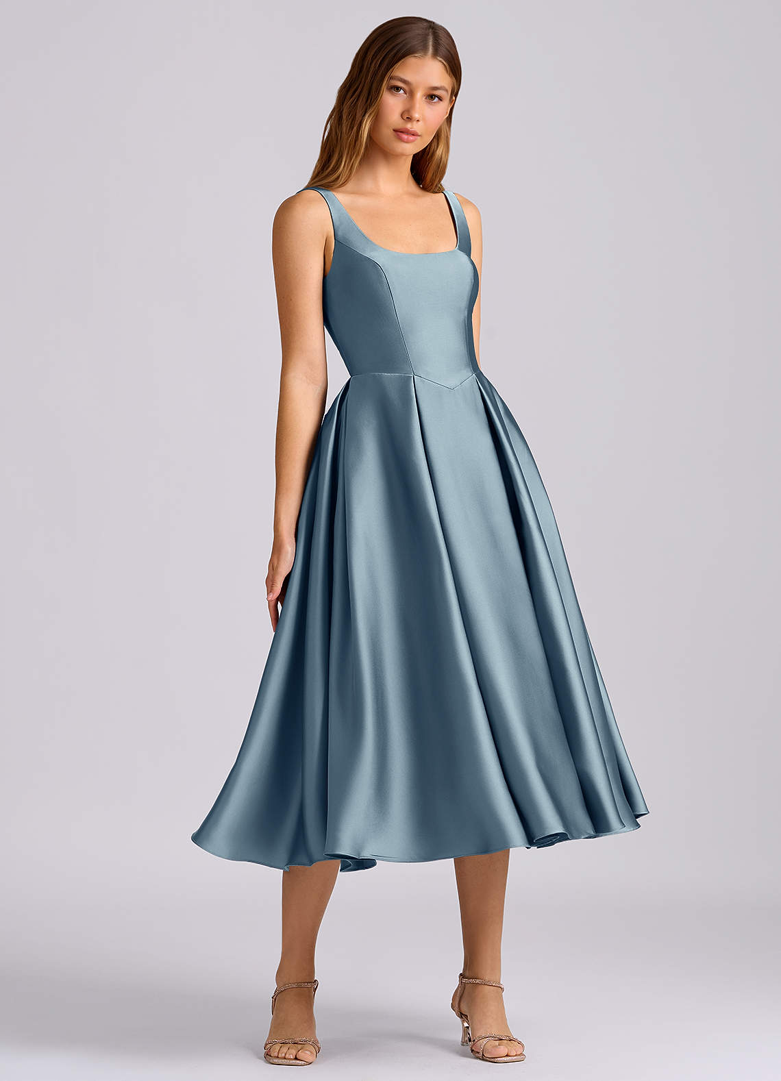dusty blue tea length dress Ladivine 7499 Tea Length A Line Soft Satin Dress, Burgundy / 8 main image 0