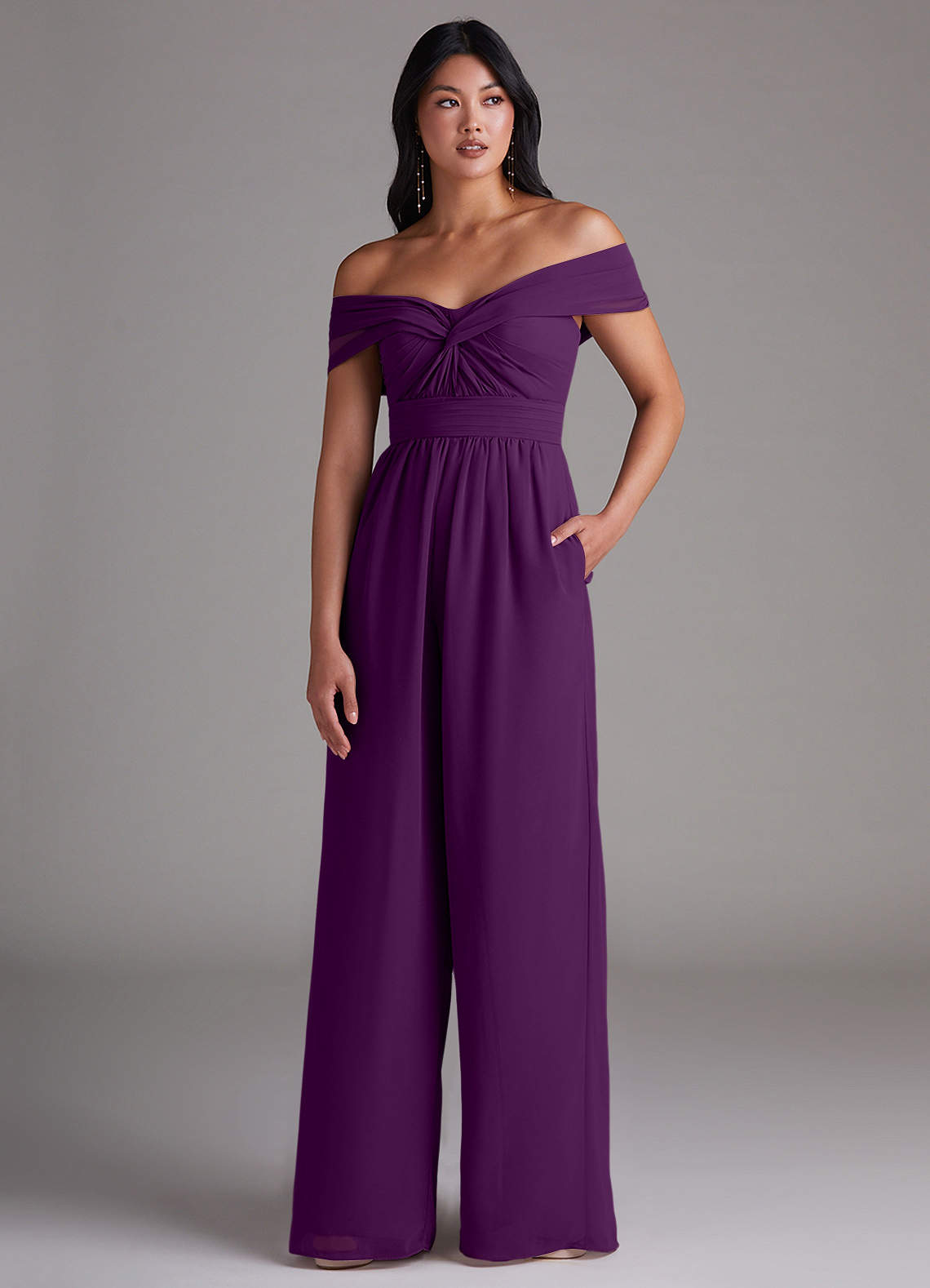 Azazie Lamara Bridesmaid Dresses Grape Off the Shoulder Chiffon Convertible Jumpsuit image1