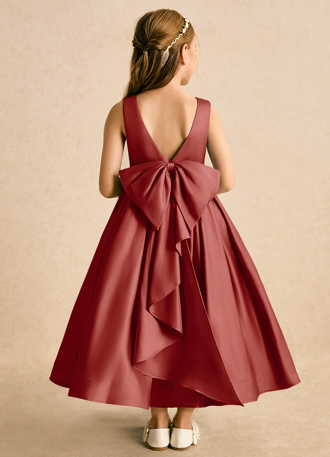 Azazie Cailee Flower Girl Dresses Terracotta Ball-Gown Pleated Matte Satin Dress image1