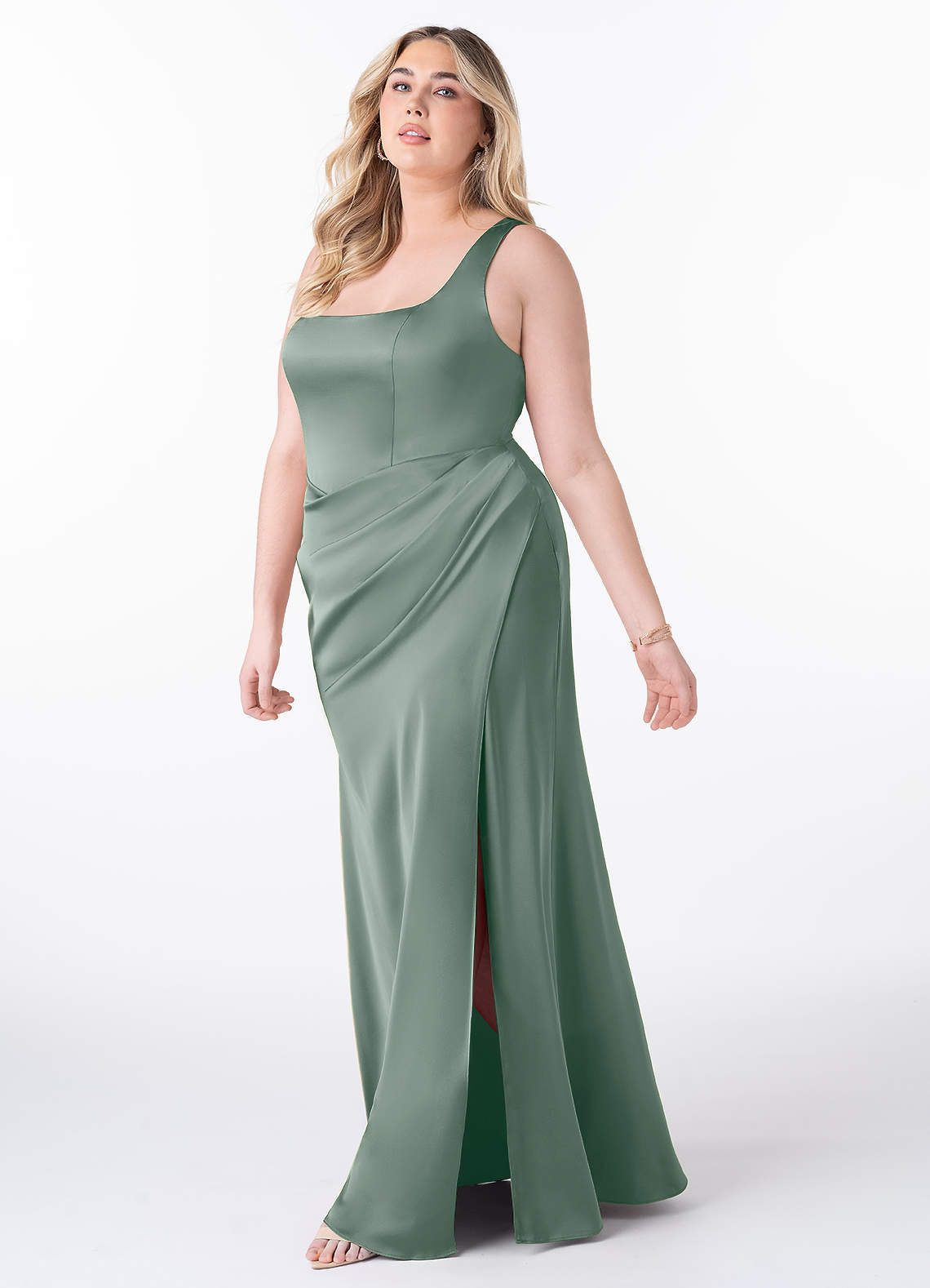 Azazie Mero Bridesmaid Dresses Silver Sage Mermaid Pleated Stretch Satin Dress image6