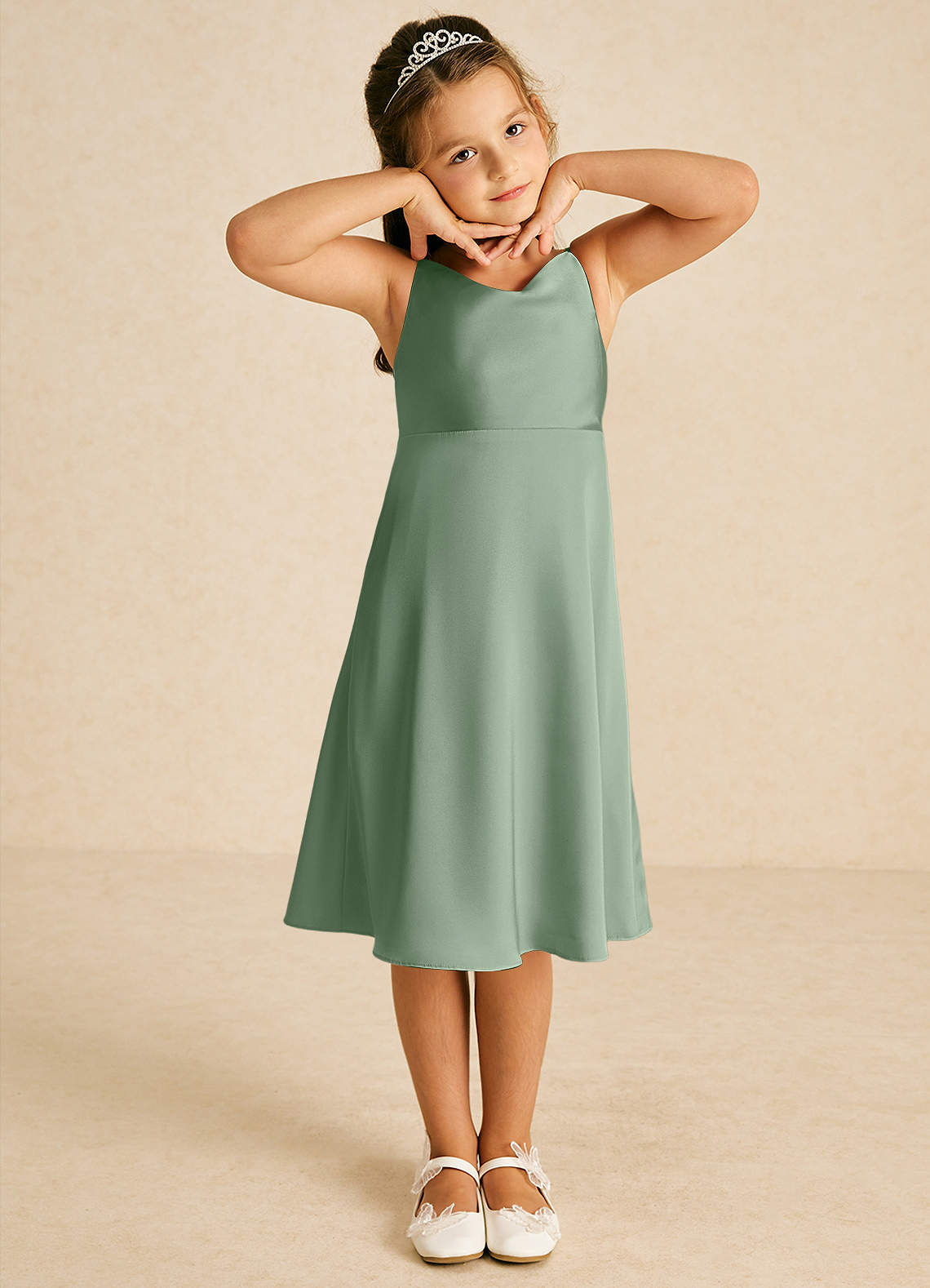Azazie Zuzu Flower Girl Dresses Matcha A-Line Spaghetti Strap Stretch Satin Dress image1