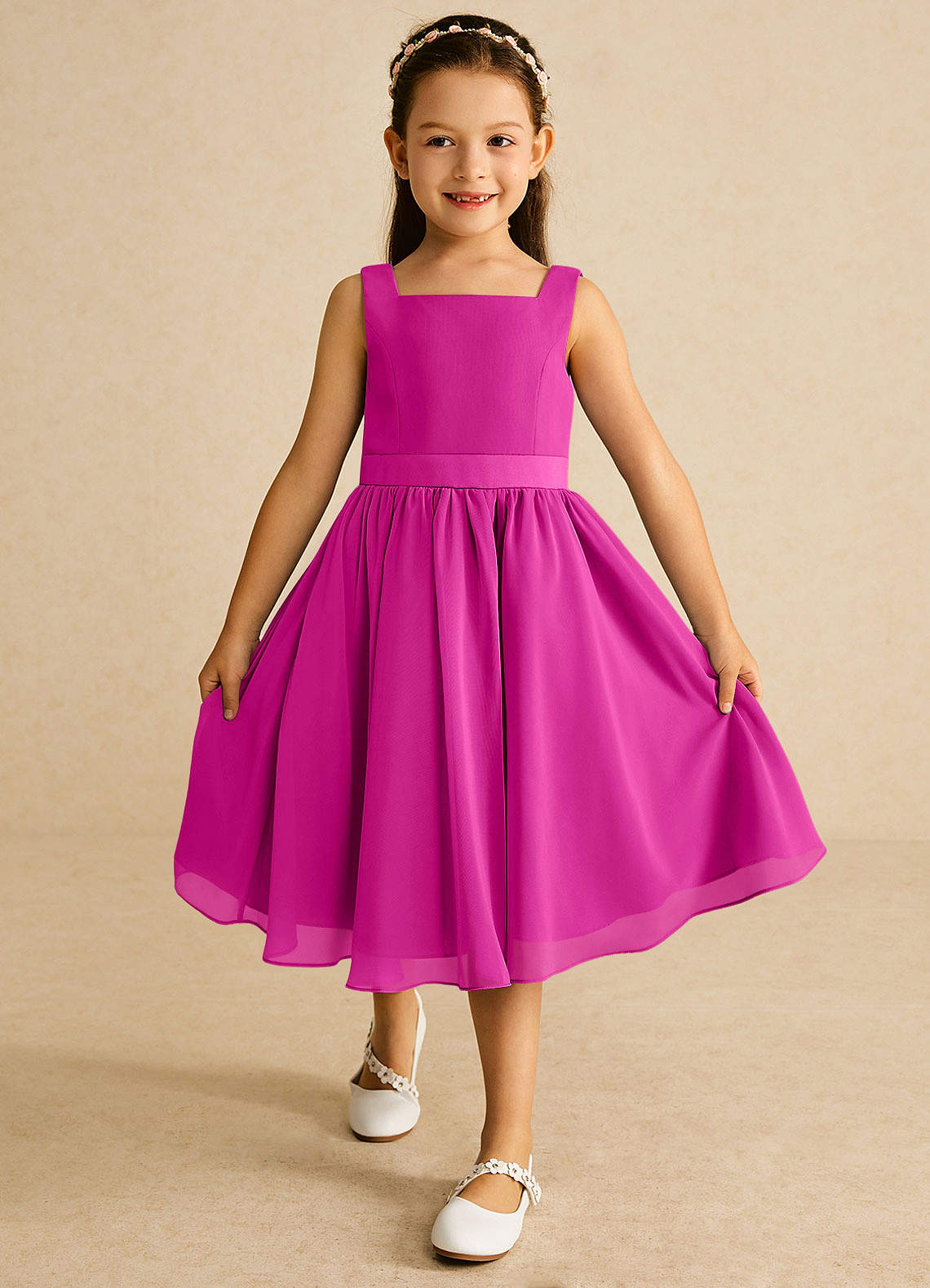 Azazie Ari Blumenmädchenkleider A-Linie ärmellos Chiffon Kleid Fuchsia image1