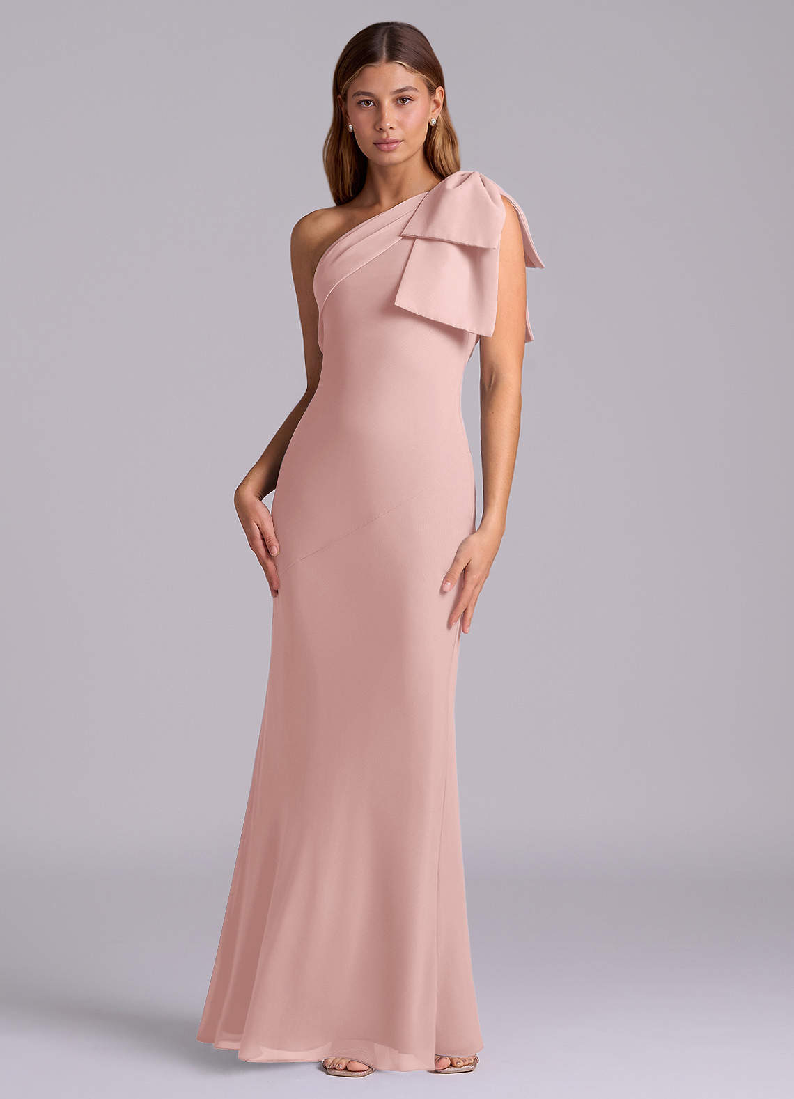 Azazie Yuanna Bridesmaid Dresses Powder Pink Mermaid One Shoulder Chiffon Dress image3