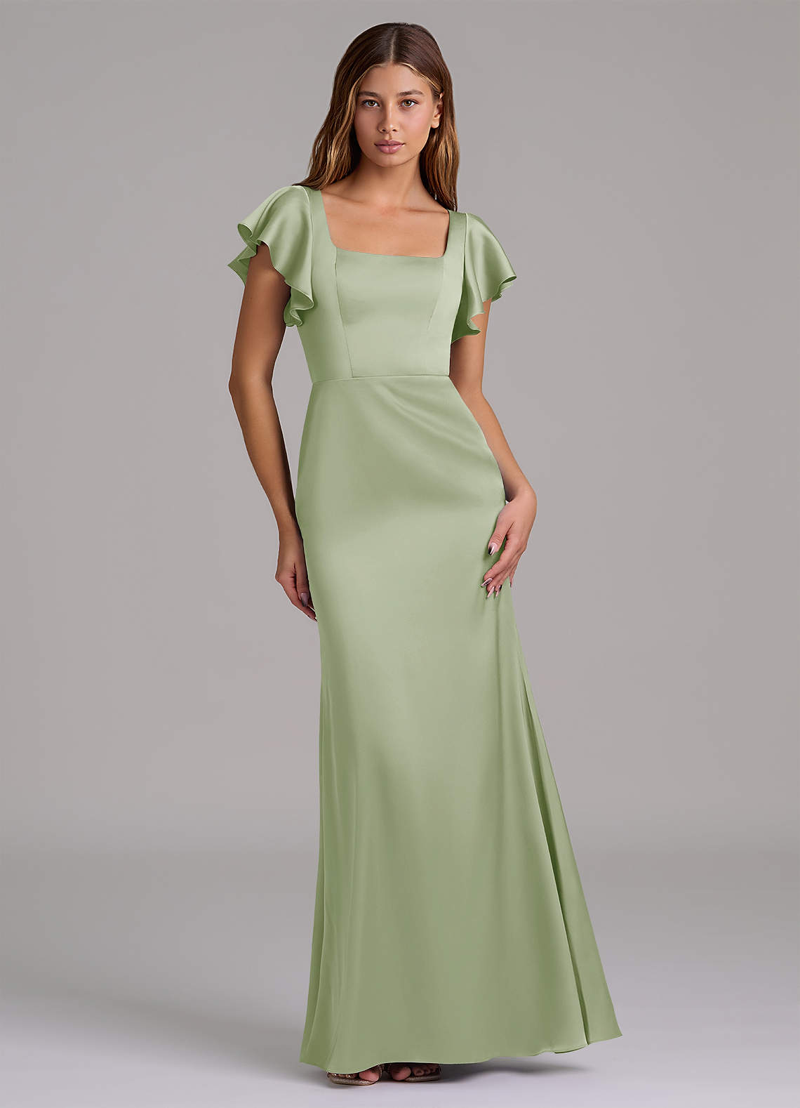 Azazie Elkie 신부 들러리 드레스 인어 스퀘어 네크라인 스트레치 새틴 바닥 길이 드레스 image1