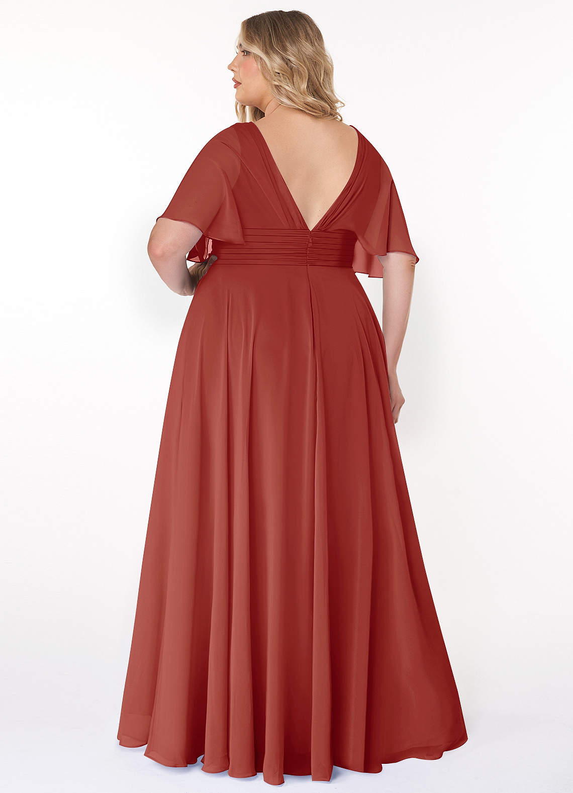 Azazie Pamela Robes de demoiselle d'honneur Robe Trapèze en Mousseline de soie Col V plissé Terracotta image6