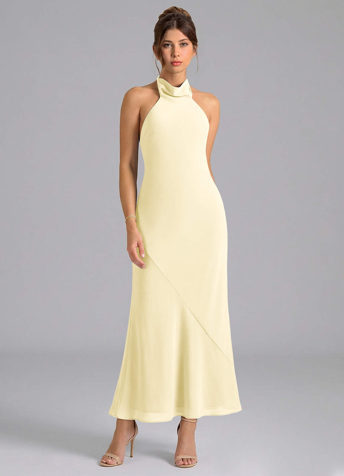 Azazie Velli Brautjungfernkleider Meerjungfrau-Linie Hoher Kragen Chiffon Kleid Zitronensorbet image4