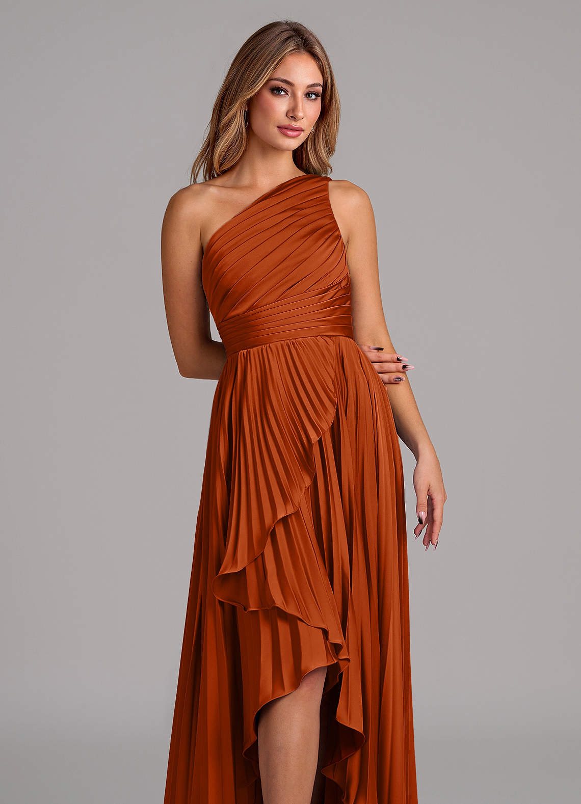 Azazie Lyrica Bridesmaid Dresses Burnt Orange A-Line One Shoulder Stretch Satin Dress image6
