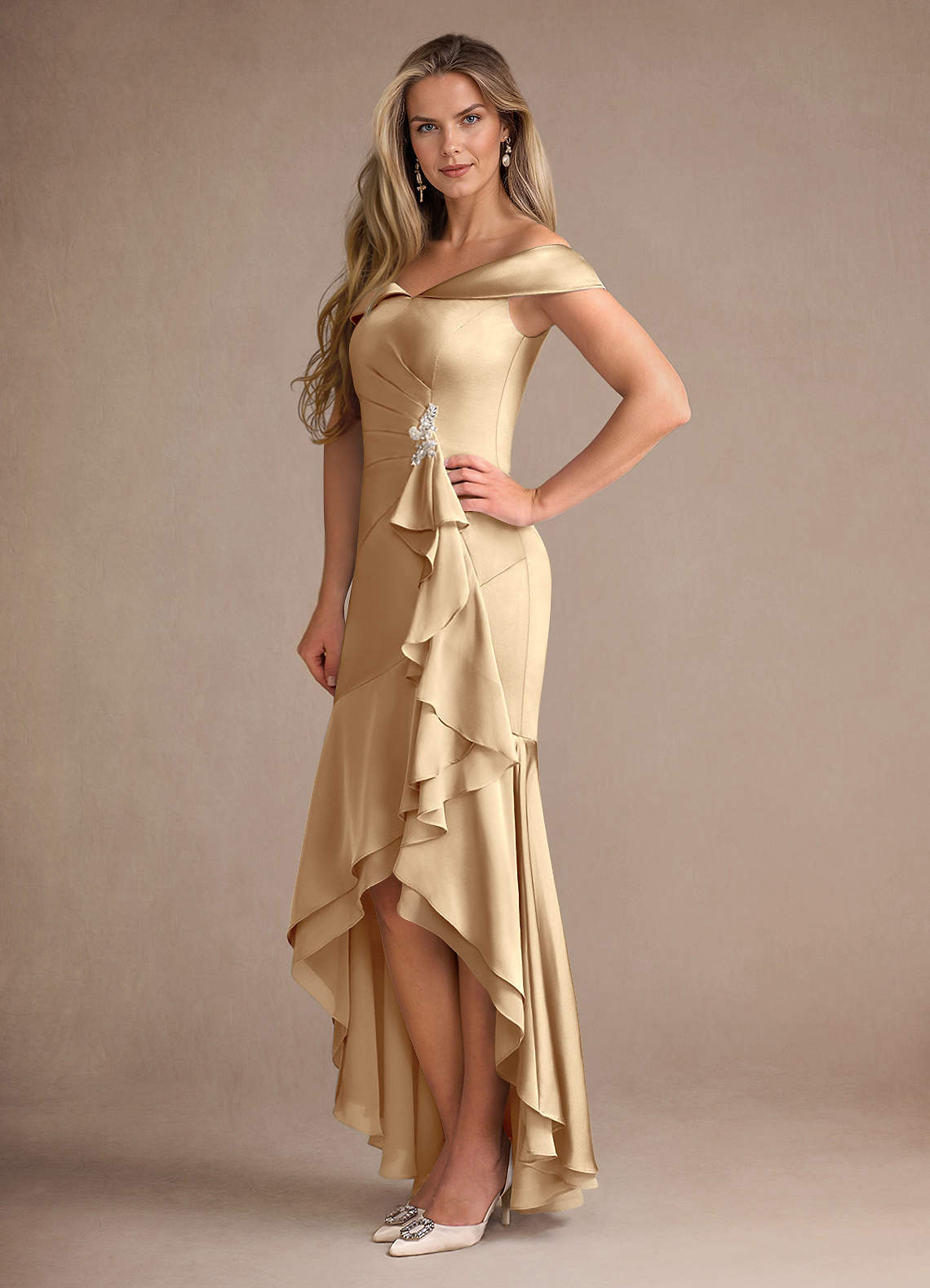 Azazie Billings Mother of the Bride Dresses Champagne Mermaid Off the Shoulder Stretch Satin Dress image1