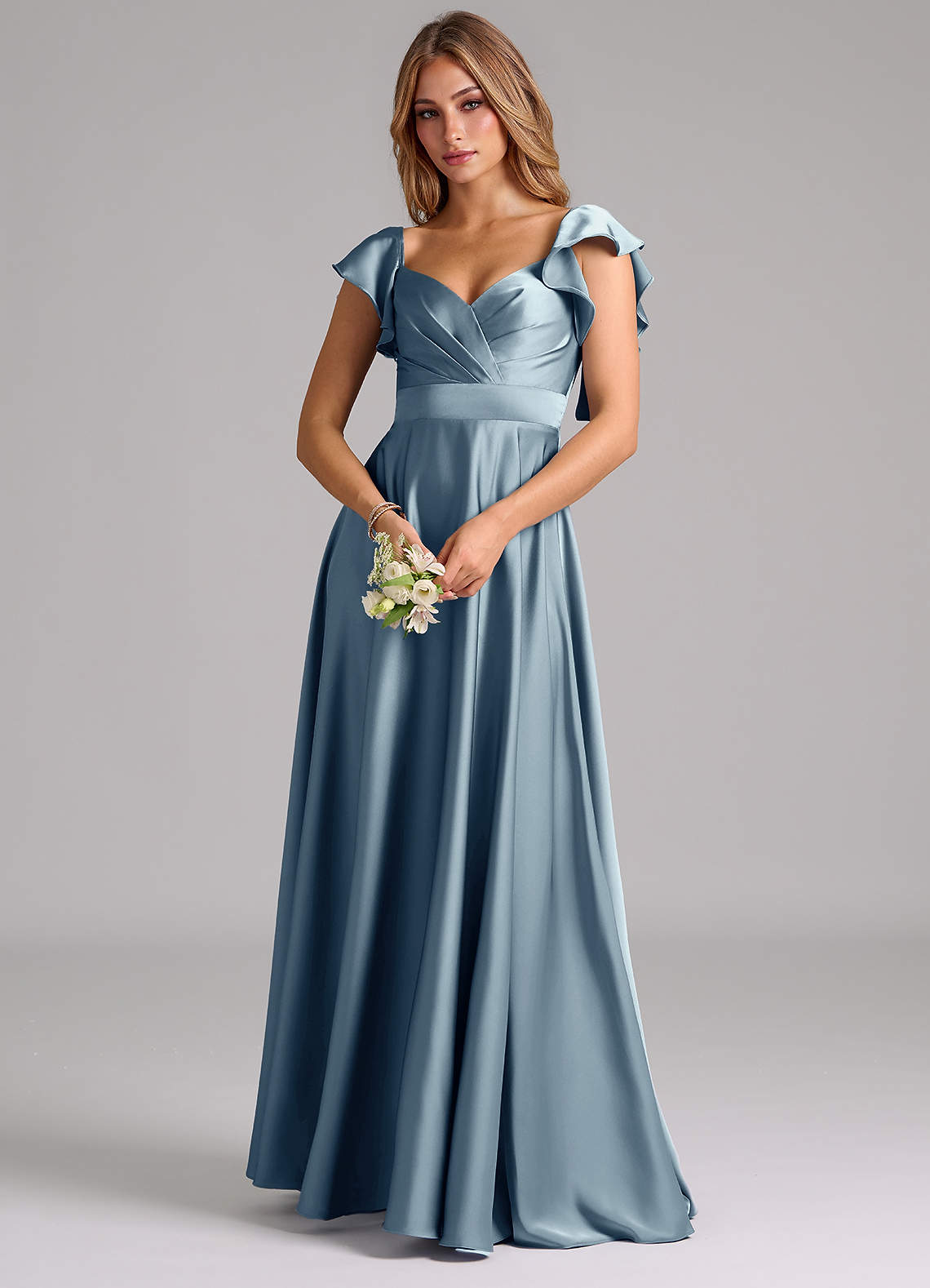 Azazie Leilani Bridesmaid Dresses Dusty Blue A-Line Ruched Stretch Satin Dress image6
