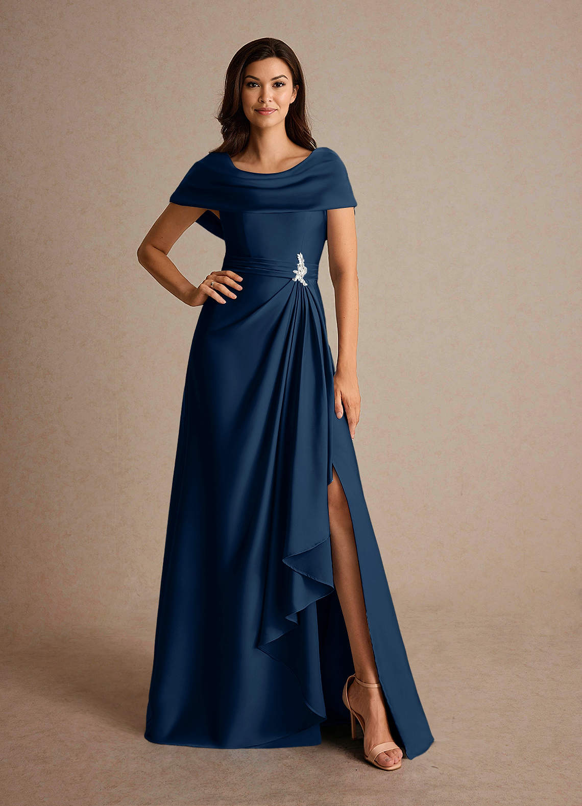 Azazie Branford Mother of the Bride Dresses Dark Navy A-Line Pleated Stretch Satin Dress image4
