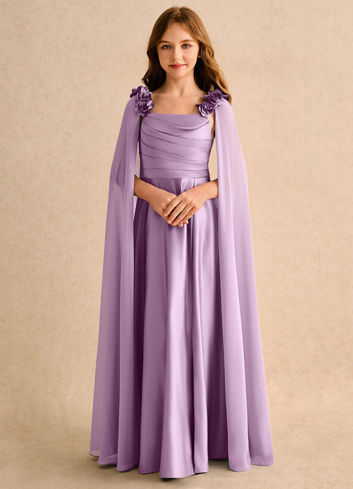 Azazie Rosita Girls Formal Robe Demoiselle D'honneur Fillette Robe Trapèze en Mat Satiné Plissée Glycine image4