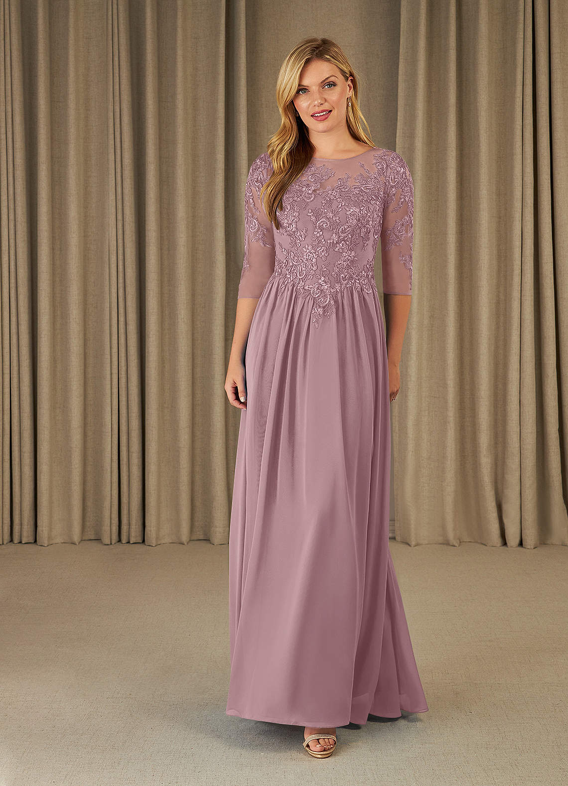 Azazie Mirielle Abiti per la Madre della Sposa Abito A-Line in Chiffon in Pizzo con Scollo a U Rosa Polverosa image1