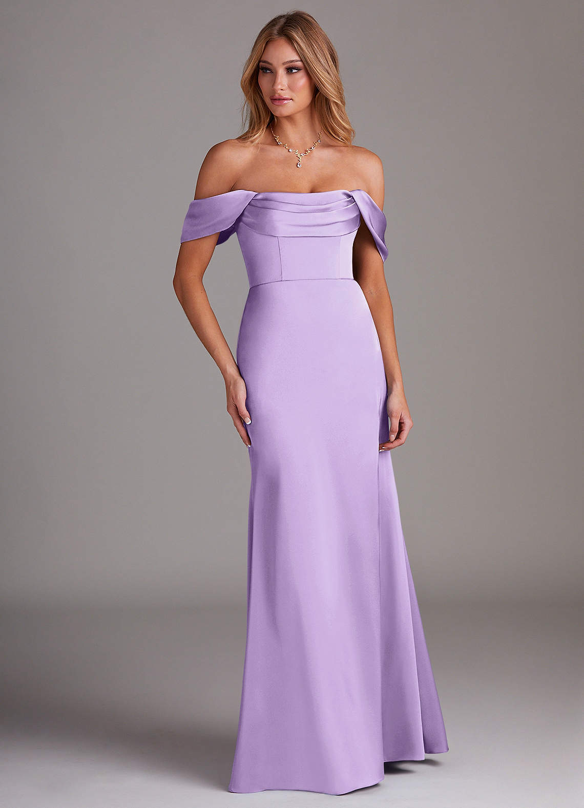 Azazie Saige Bridesmaid Dresses Lilac Sheath Off the Shoulder Stretch Satin Dress image3
