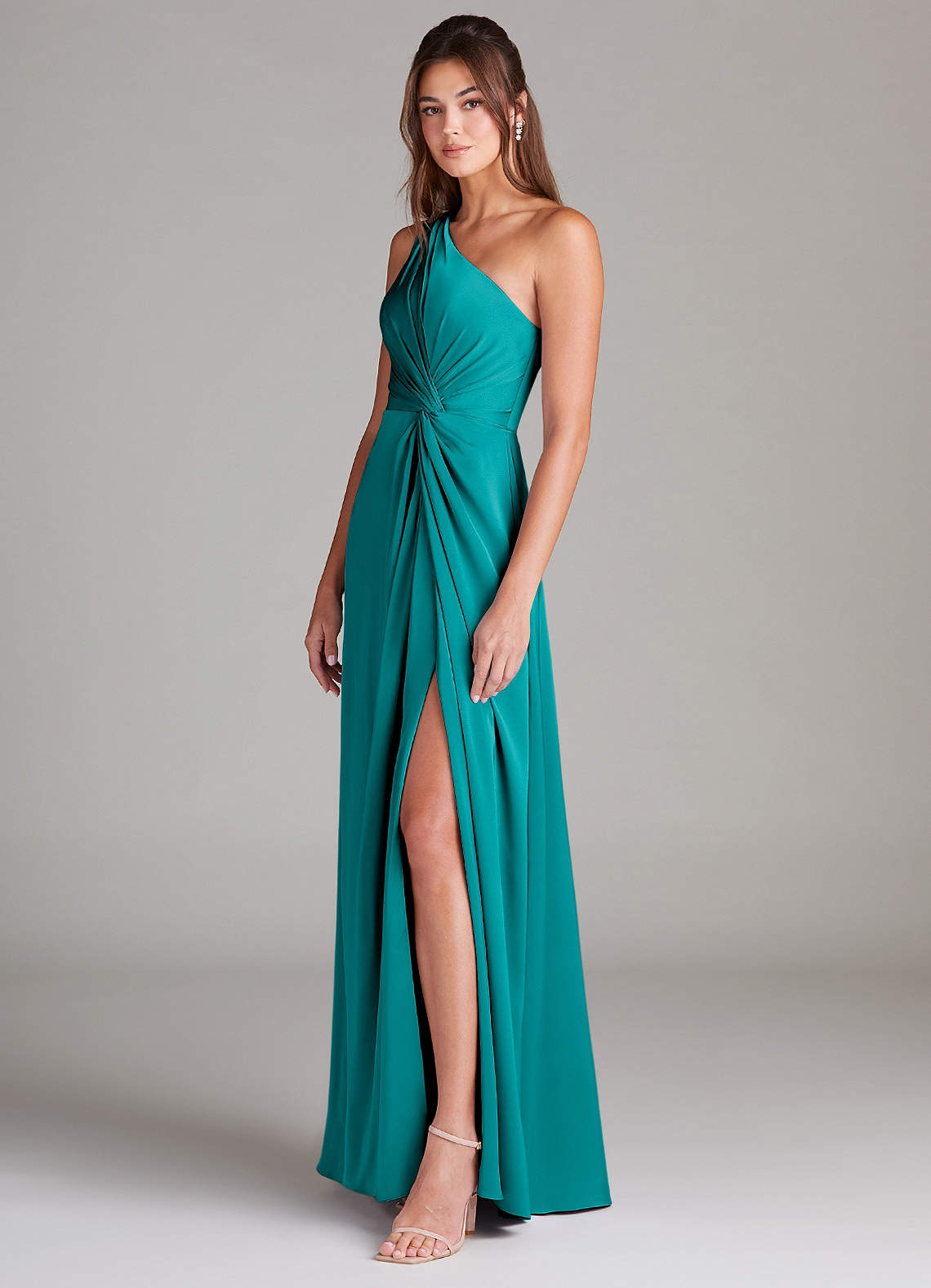 Azazie Brooke Bridesmaid Dresses Teal A-Line One Shoulder Stretch Satin Dress image4