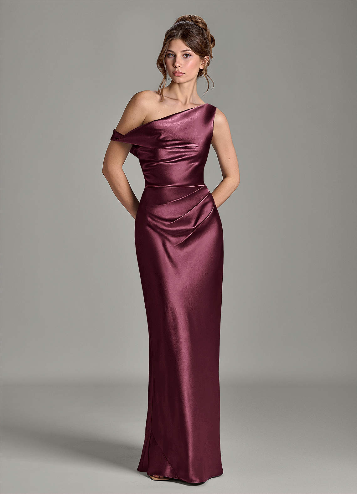 Azazie Emerson Bridesmaid Dresses Cabernet Mermaid Off the Shoulder Metallic Satin Dress image2