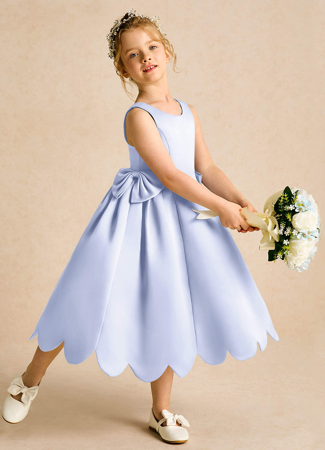 Azazie Macaroon Flower Girl Dresses Lavender Ball-Gown Bow Matte Satin Dress image1