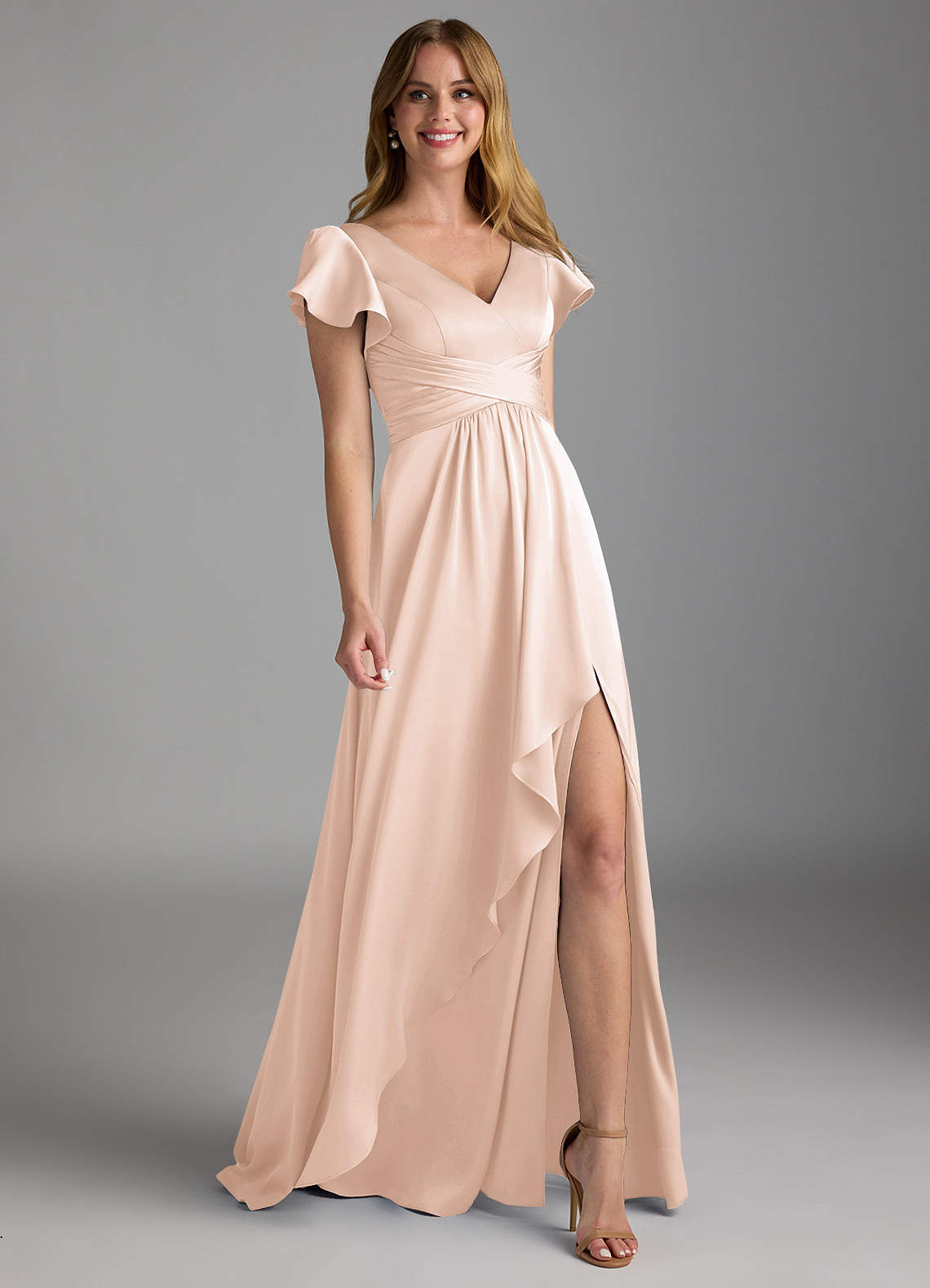 Azazie Omari Bridesmaid Dresses Blushing Pink A-Line Stretch Satin Dress image1