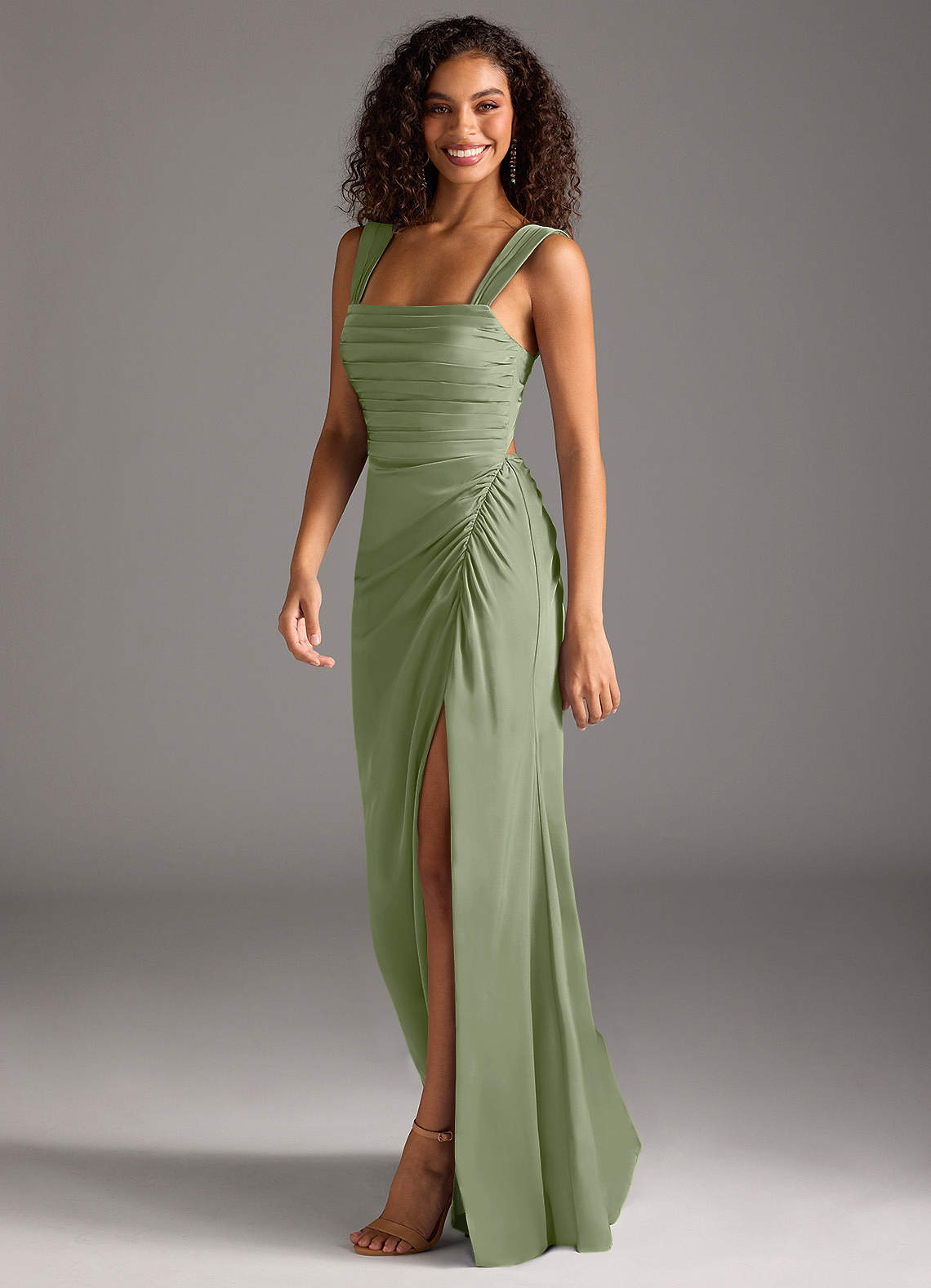 pistachio green bridesmaid dresses Pale Dress Matte Satin Size Small Crafted from premium high Azazie Sheath Square Neck Floor-Length