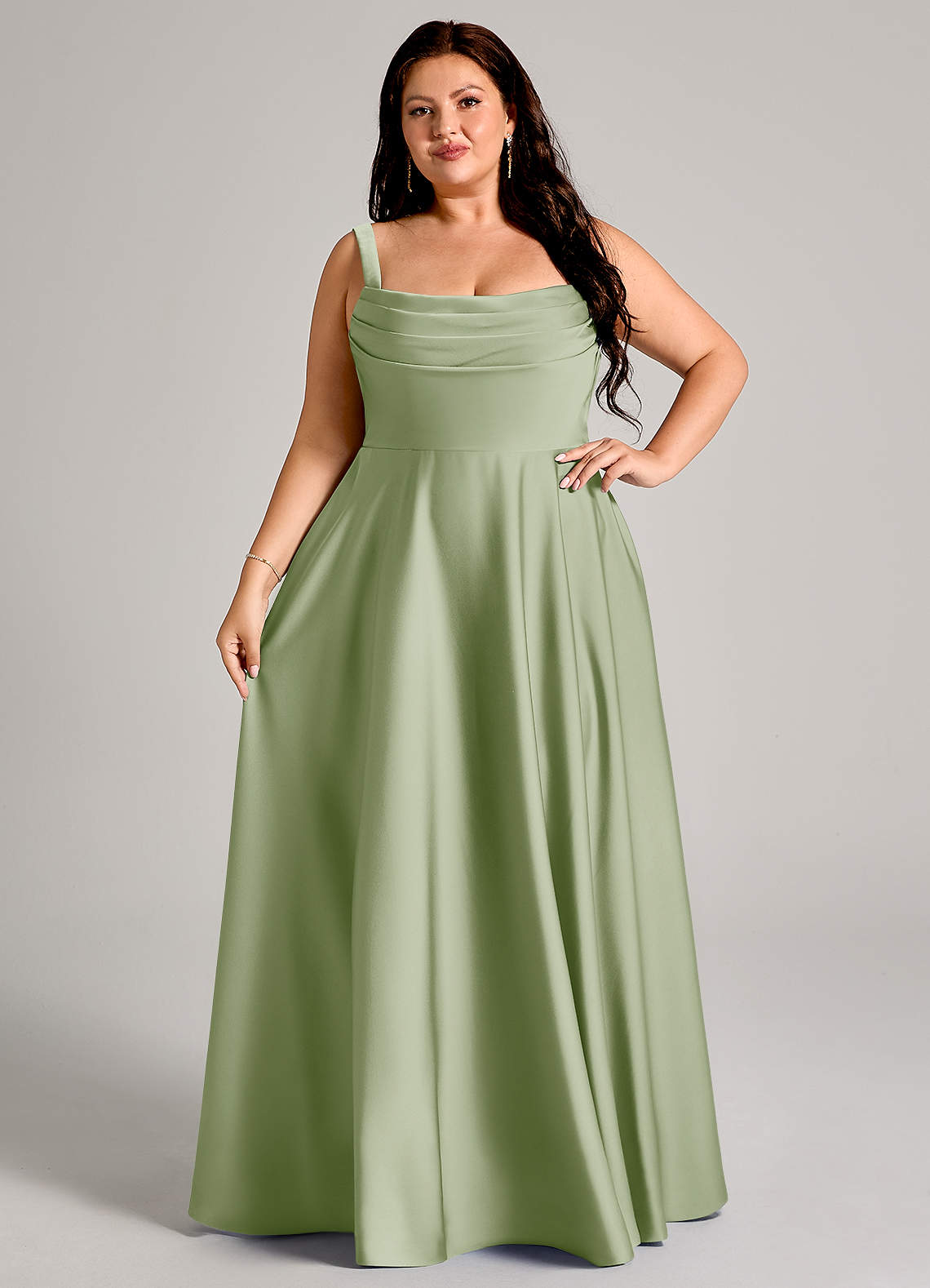 Azazie Shaude Bridesmaid Dresses Dusty Sage A-Line Pleated Stretch Satin Dress image11
