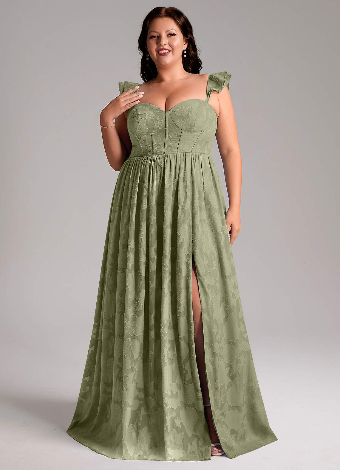 Azazie Denisse Bridesmaid Dresses Pistachio A-Line Ruched Floral Burnout Dress image1