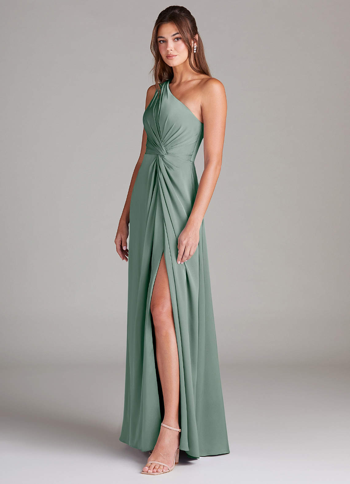 Azazie Brooke At-home Try On Dresses Emerald A-Line One Shoulder Stretch Satin Dress image5