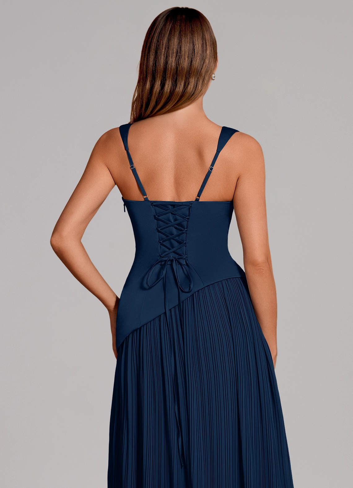 Azazie Stephanie Vestidos de damas de honor Vestido de Azul Marino Oscuro de Satén Elástico de Corte en A con Plisado image1