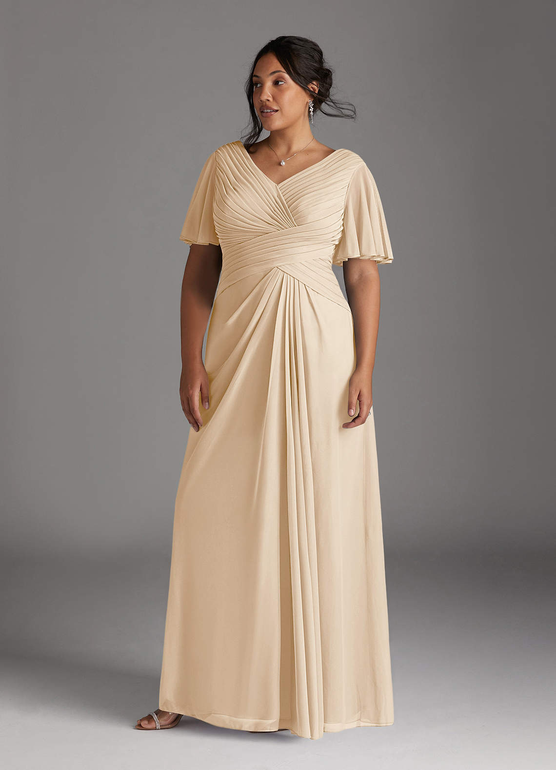 Azazie Emmeline Mother of the Bride Dresses Champagne A-Line V-Neck Pleated Mesh Dress image6