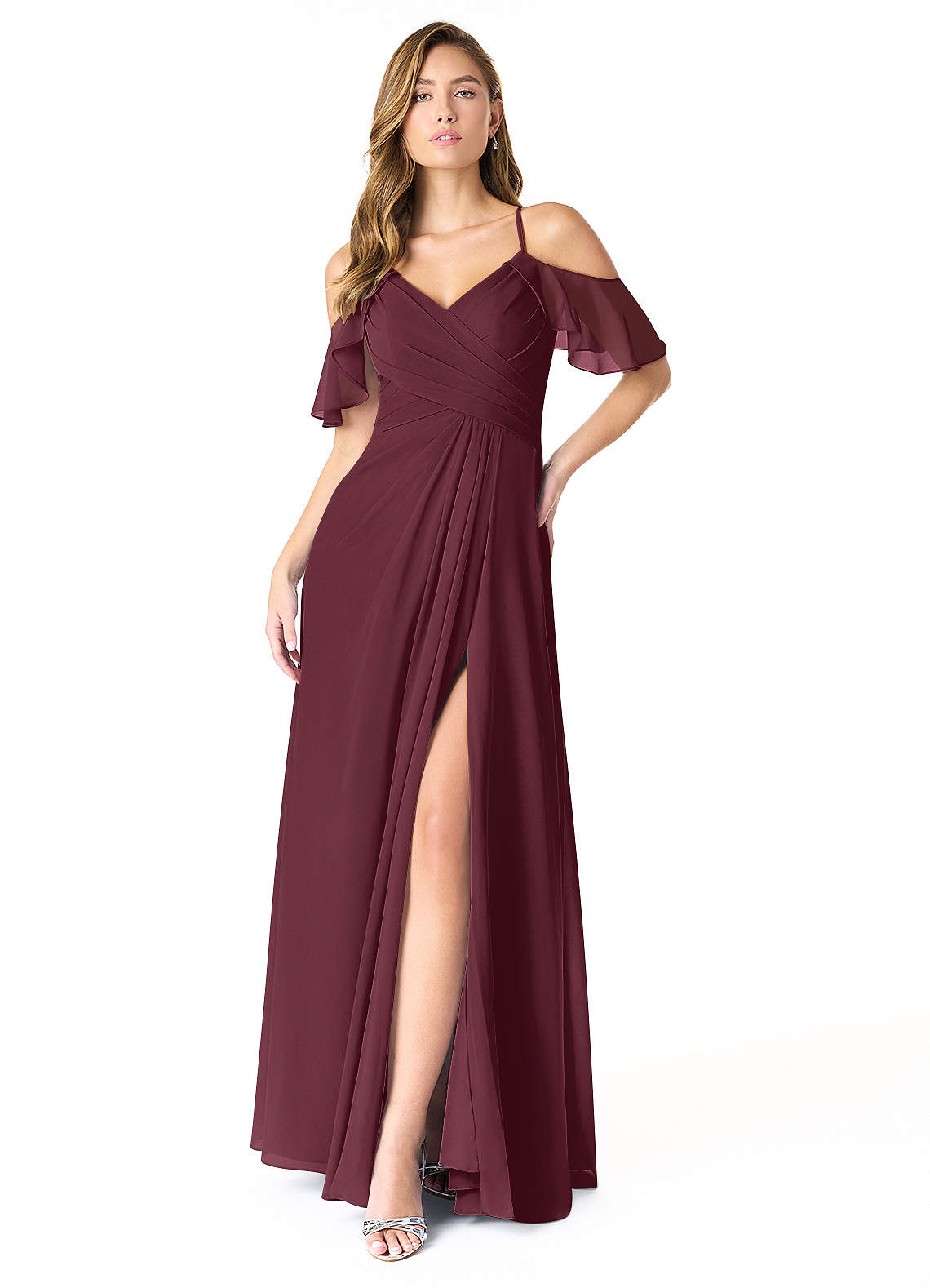 Azazie Dakota Bridesmaid Dresses Cabernet A-Line V-Neck Pleated Chiffon Dress image1