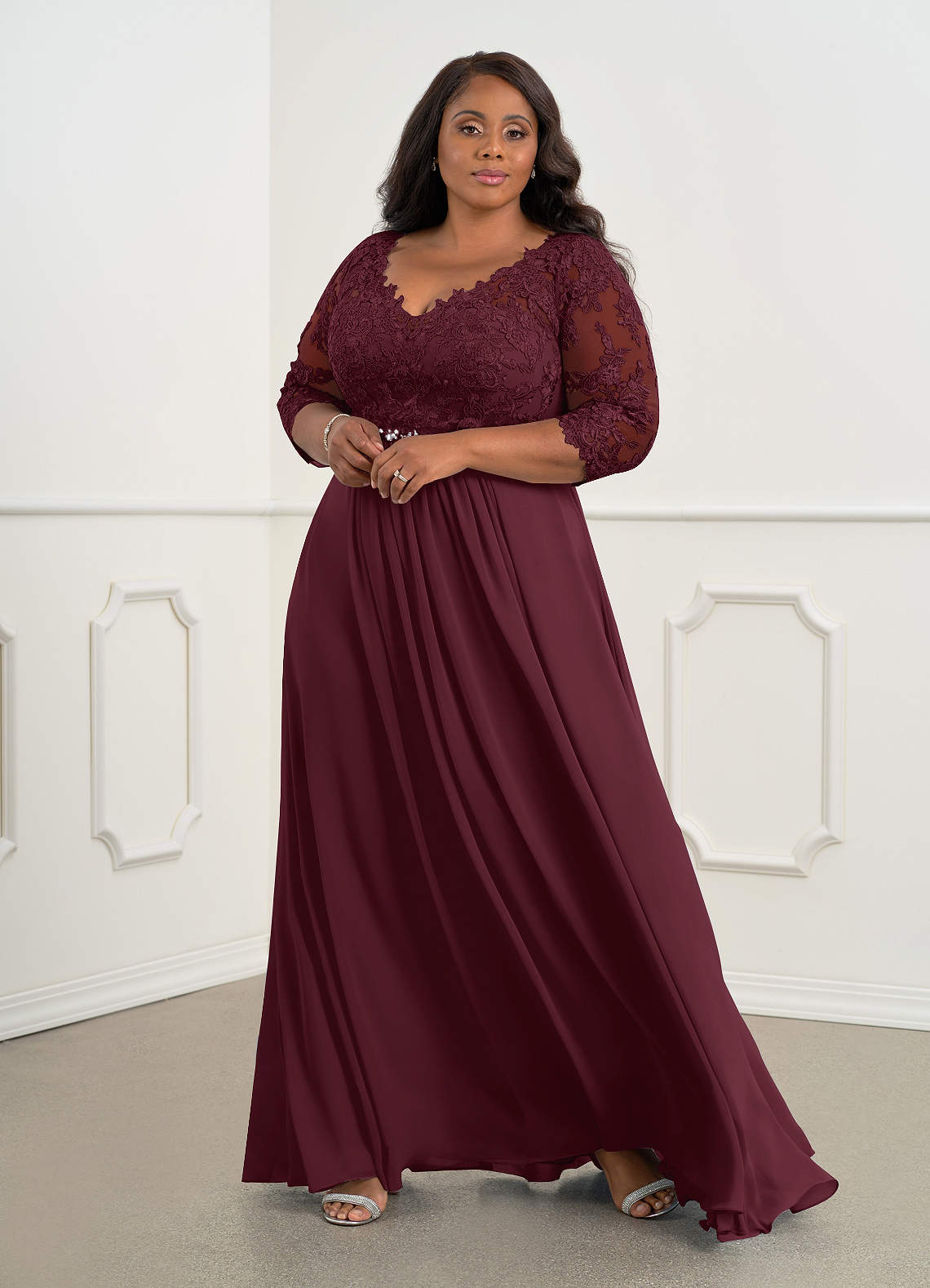 Azazie Hayek Mother of the Bride Dresses Cabernet A-Line V-Neck Lace Chiffon Dress image1