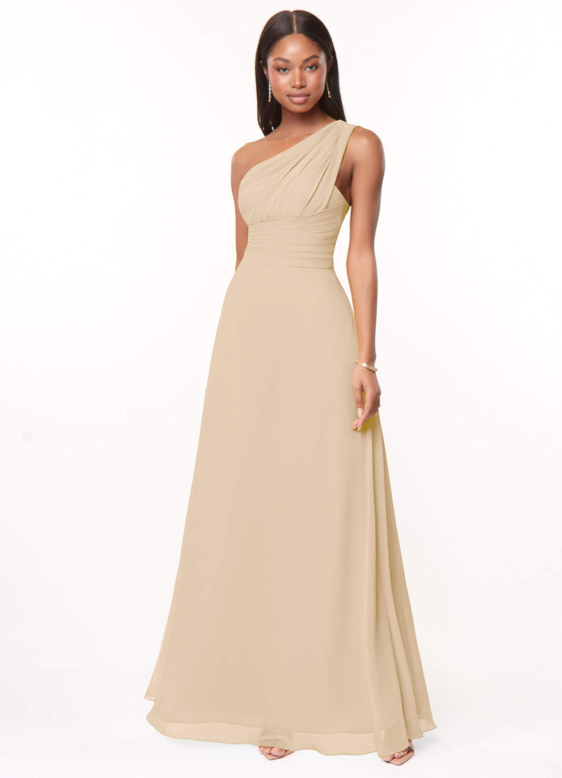 Azazie Ashley Bridesmaid Dresses Champagne A-Line Ruched Chiffon Dress image1