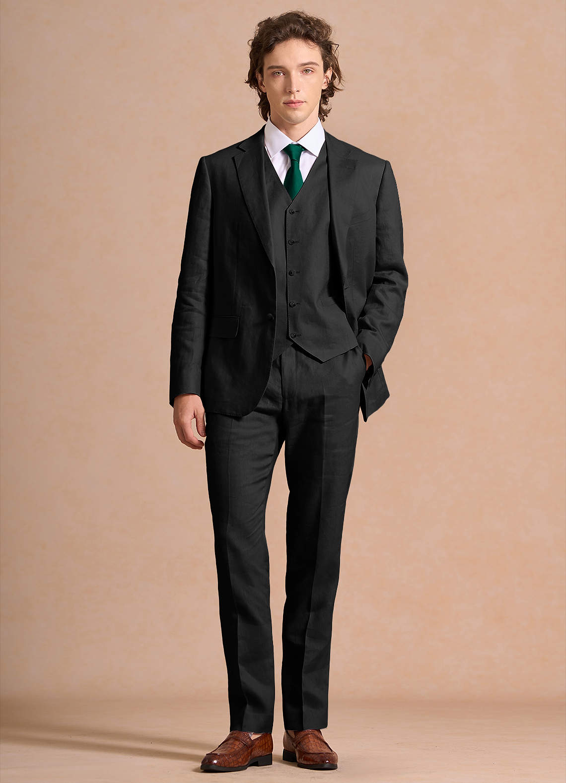 front Harrison Black 100% Linen 3-Piece Suit