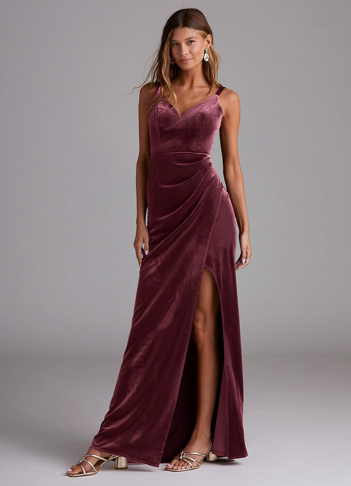 Azazie Leo Bridesmaid Dresses Raspberry Sheath Pleated Velvet Dress image1
