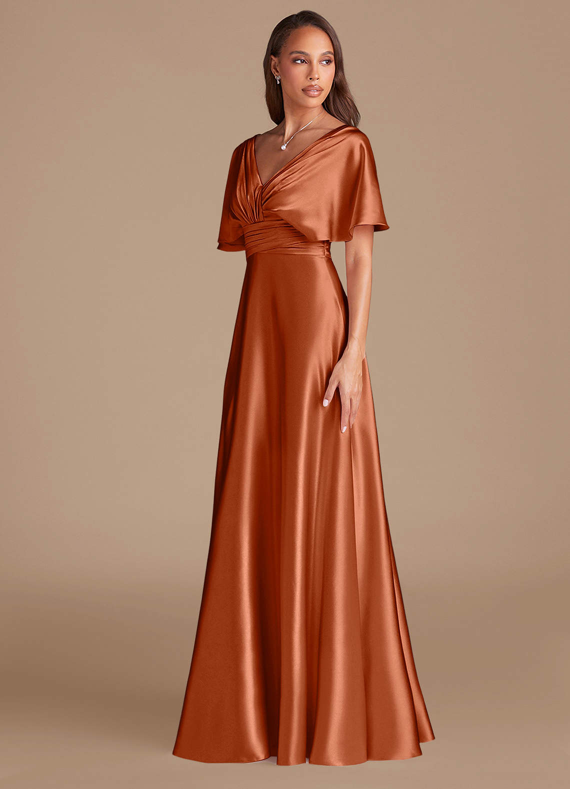 Azazie Pamela Klänningar att prova hemma Klä av A-Linje i Metallisk satin Plisserad Kastanjebrunt image3