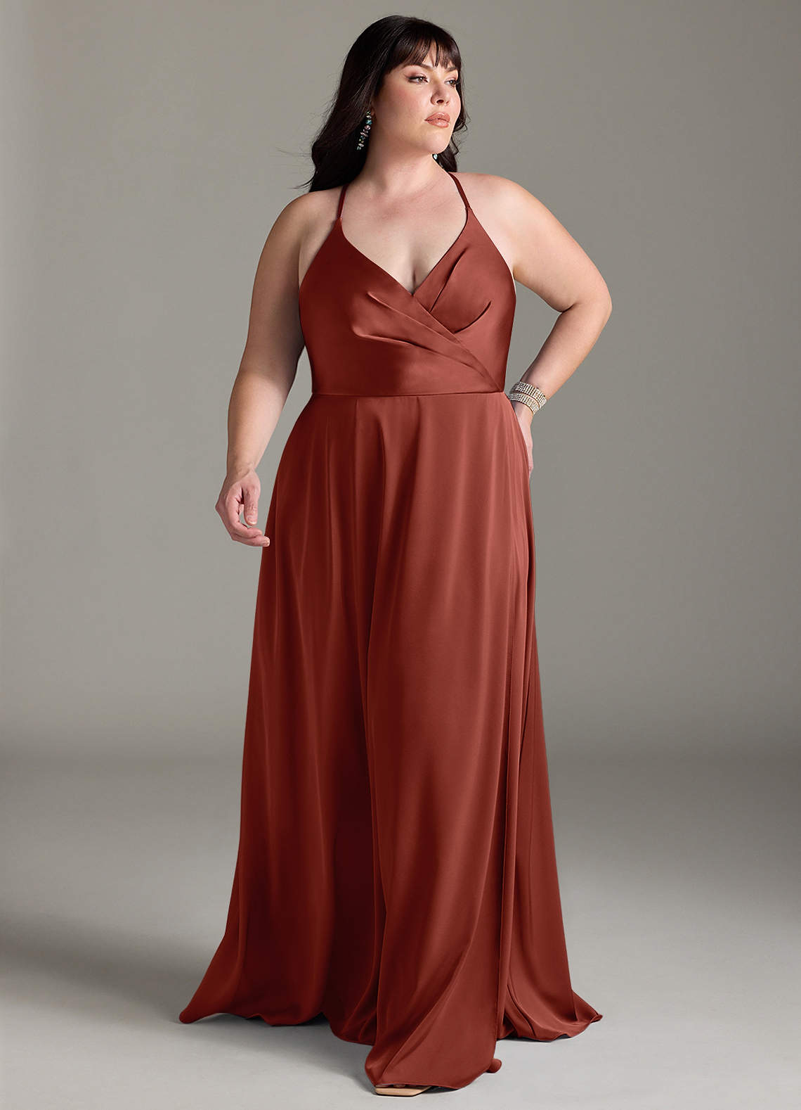 Azazie Davis Robes de demoiselle d'honneur Robe Trapèze en Satin extensible Plissée Terracotta image1