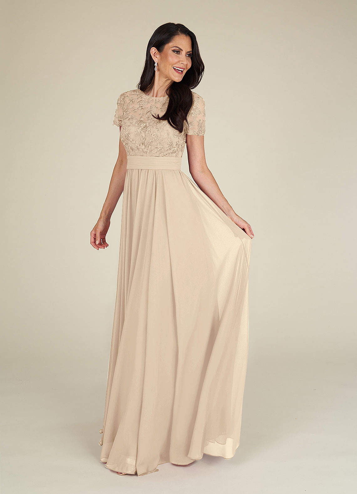 Azazie Annette Mère de la mariée Robes Robe Trapèze en Mousseline de soie Dentelle Champagne image1