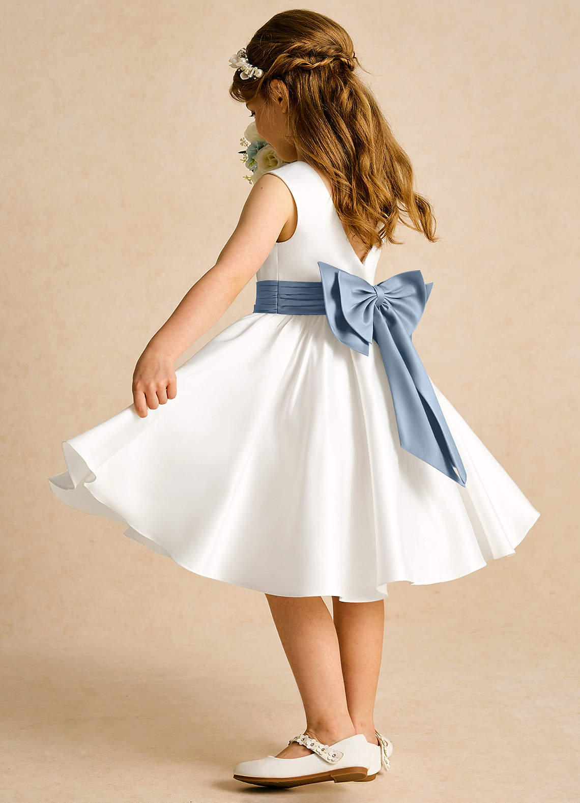 Azazie Sosie Flower Girl Dresses Ivory Dusty Blue A-Line Pleated Matte Satin Dress image3