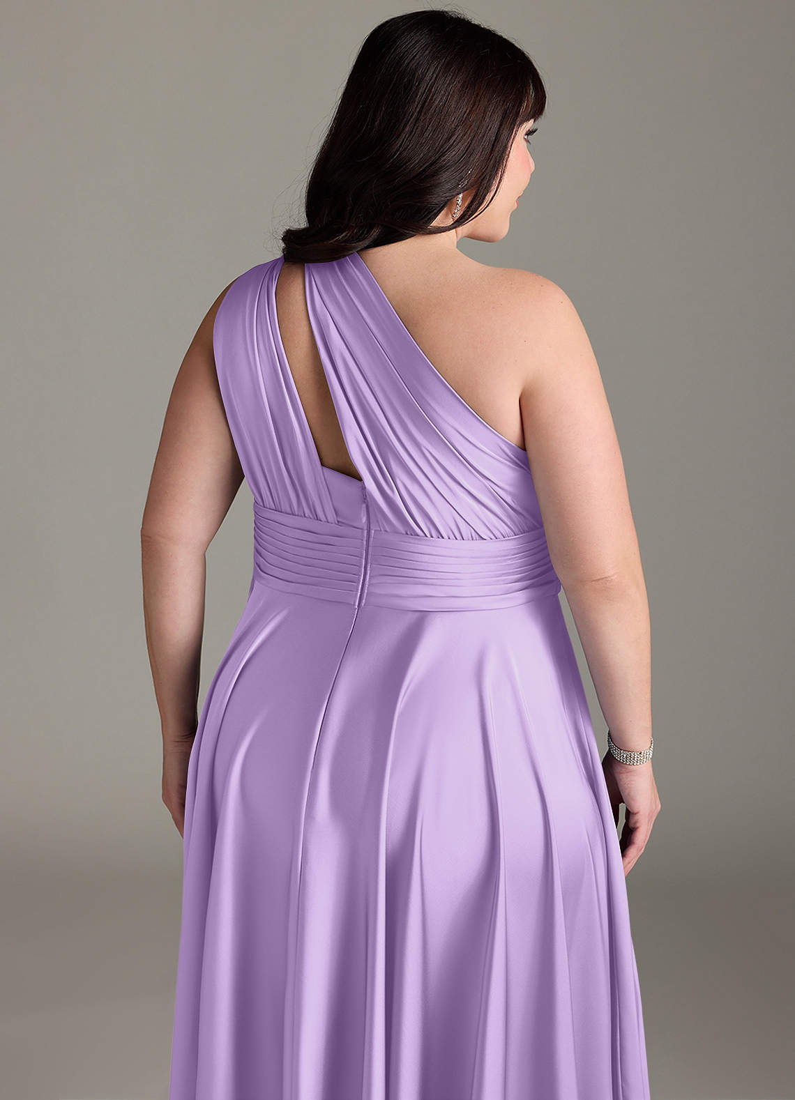 Azazie Charlize Bridesmaid Dresses Lilac A-Line One Shoulder Stretch Satin Dress image15