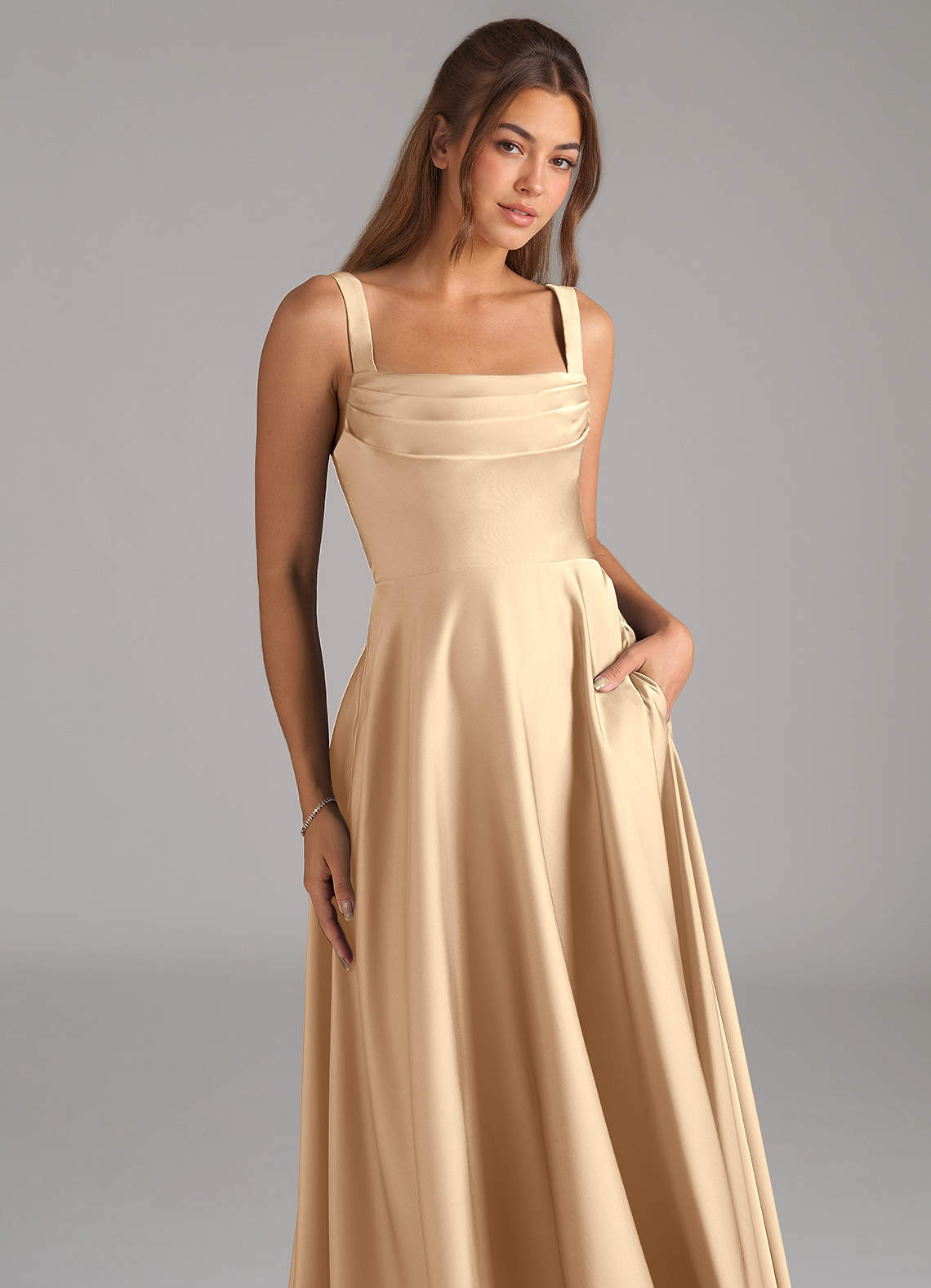 Azazie Shaude Bridesmaid Dresses Champagne A-Line Pleated Stretch Satin Dress image1