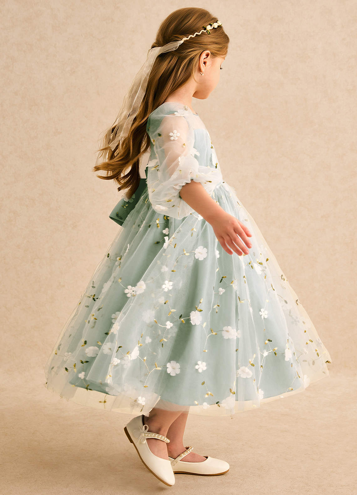 front Pearl Strap and Bow Girls Flat Shoes