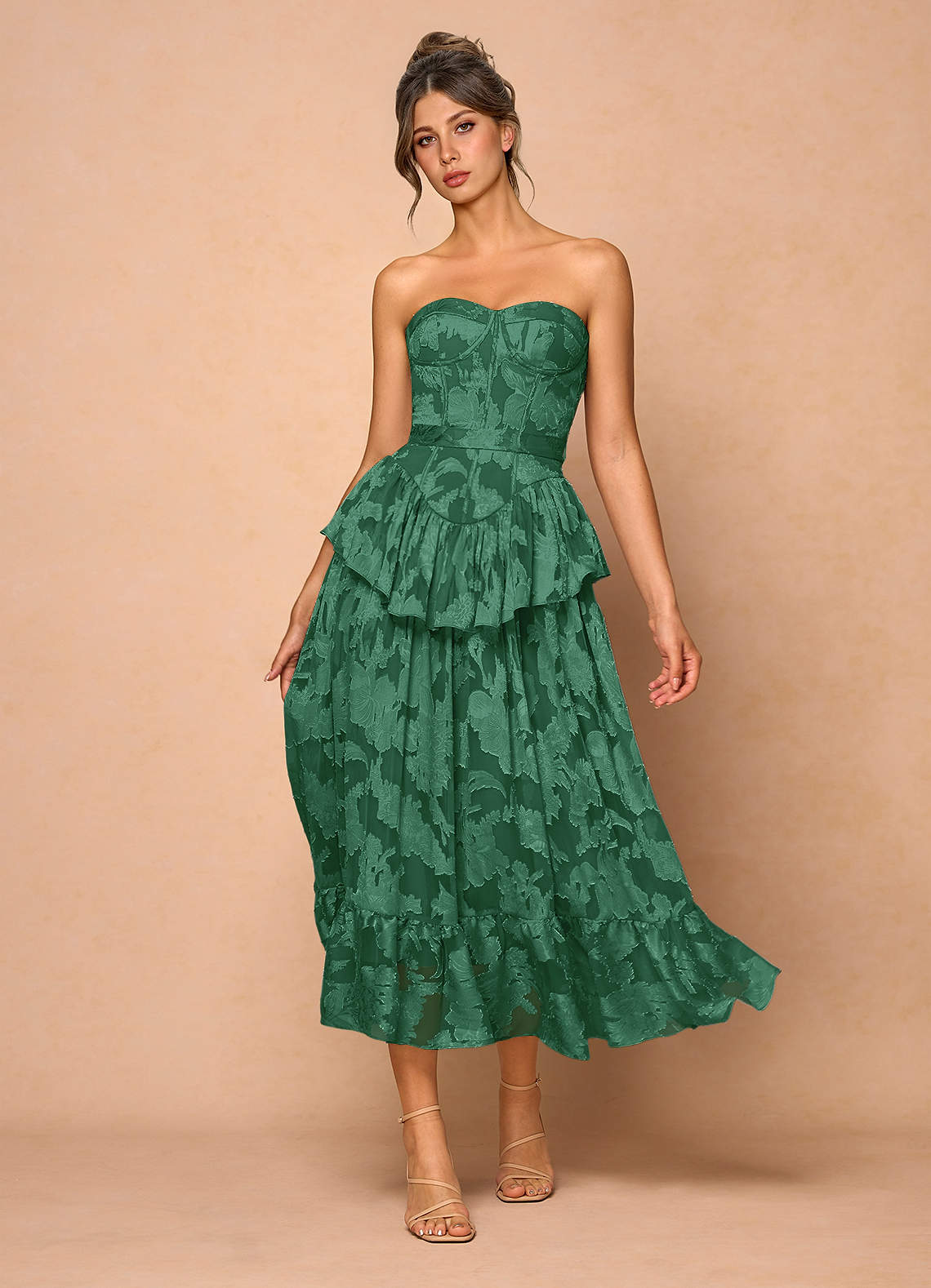 green emerald velvet dress Zapaka Women Dark Green Tiered Bridesmaid Dress with Pleated Spaghetti Straps Long Prom Dress, Dark Green / US6 main image 0