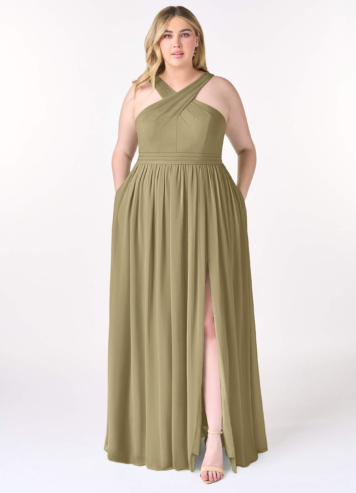 Azazie Elvira Abiti da Damigella Abito A-Line in Chiffon Plissettato Verde Muschio image1