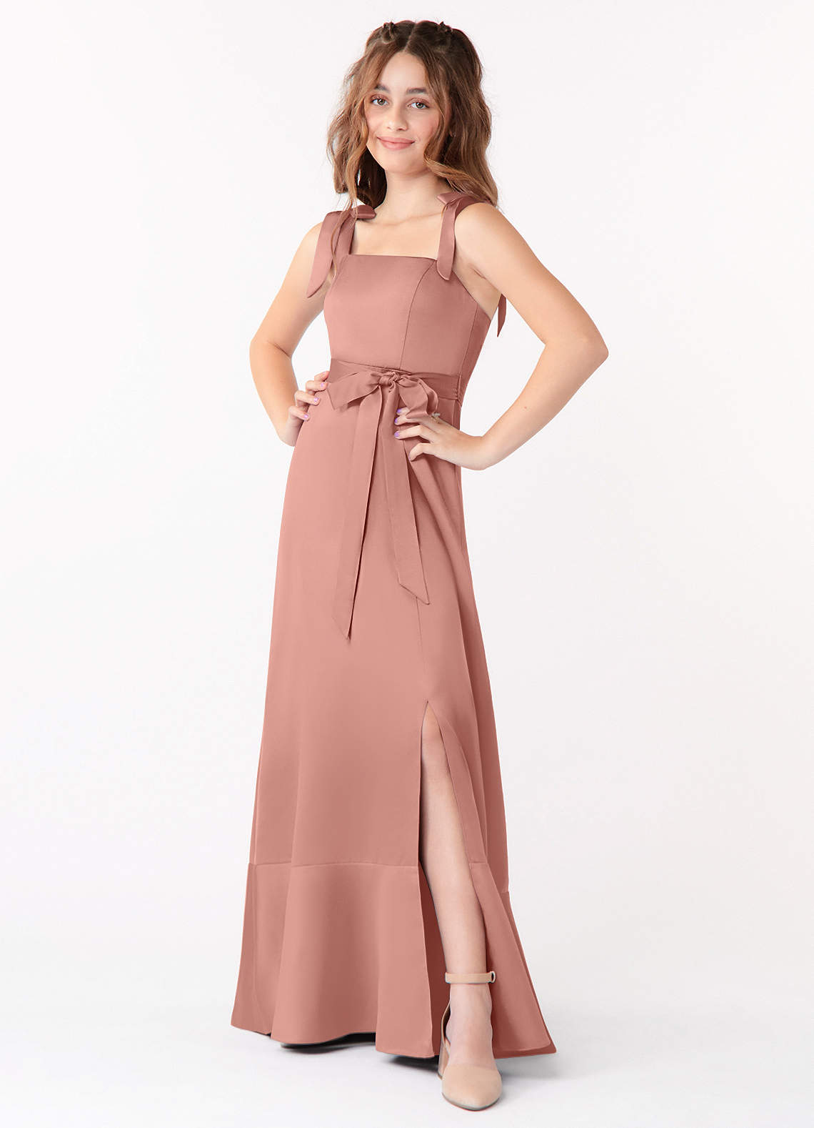 Azazie Barbara Junior Rosette A-Line Bow Matte Satin Dress image1