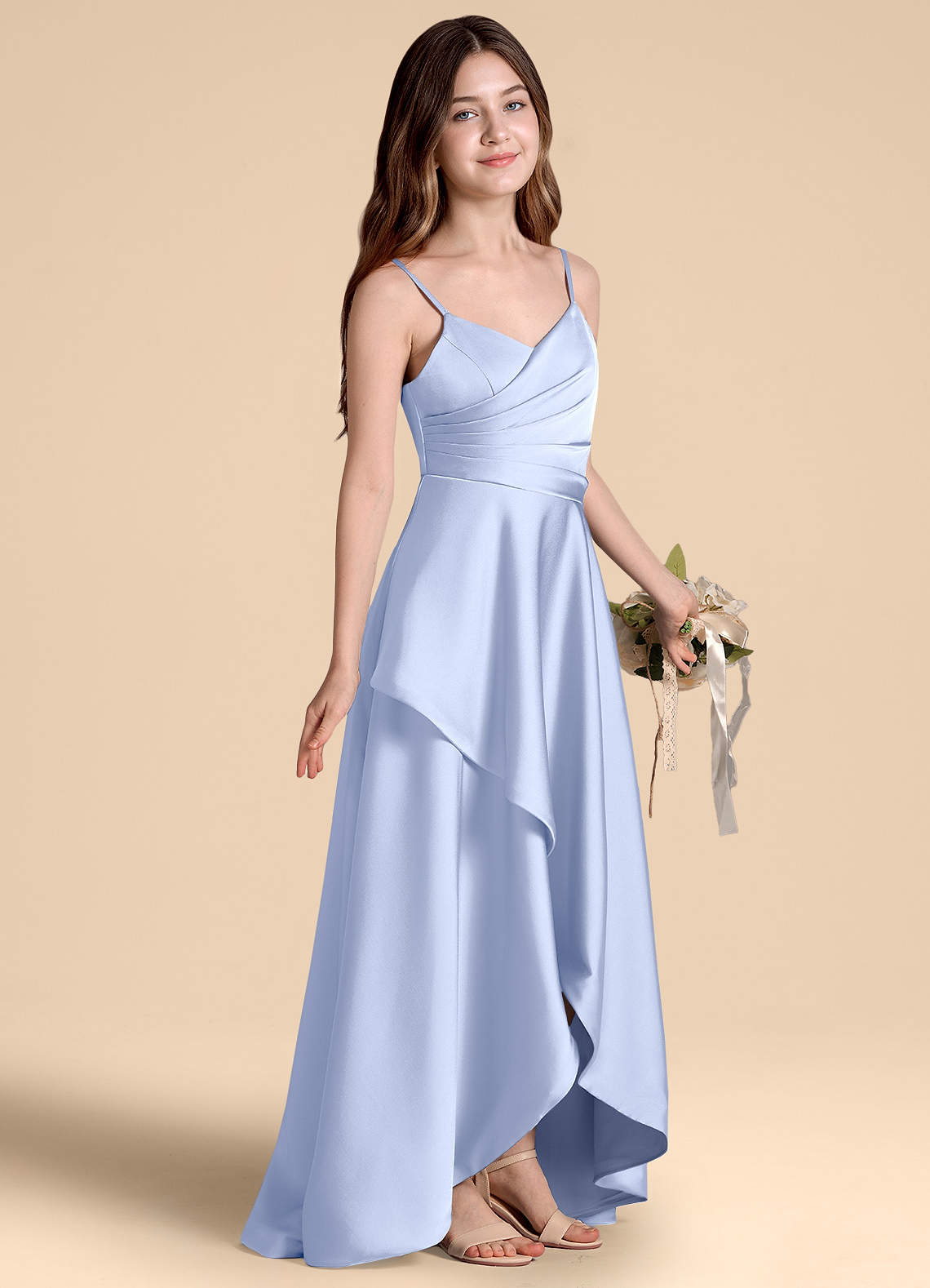 Azazie Prisha Junior Robe Trapèze en Satin extensible Plissée Eis image1