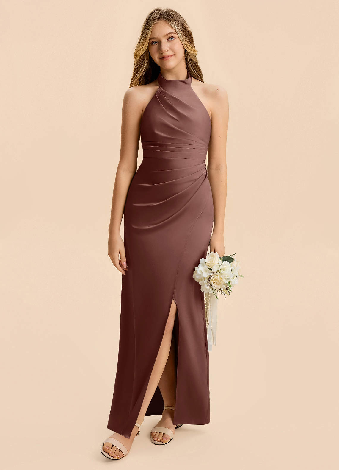 Azazie Jemma Junior Espresso Sheath Ruched Stretch Satin Dress image3