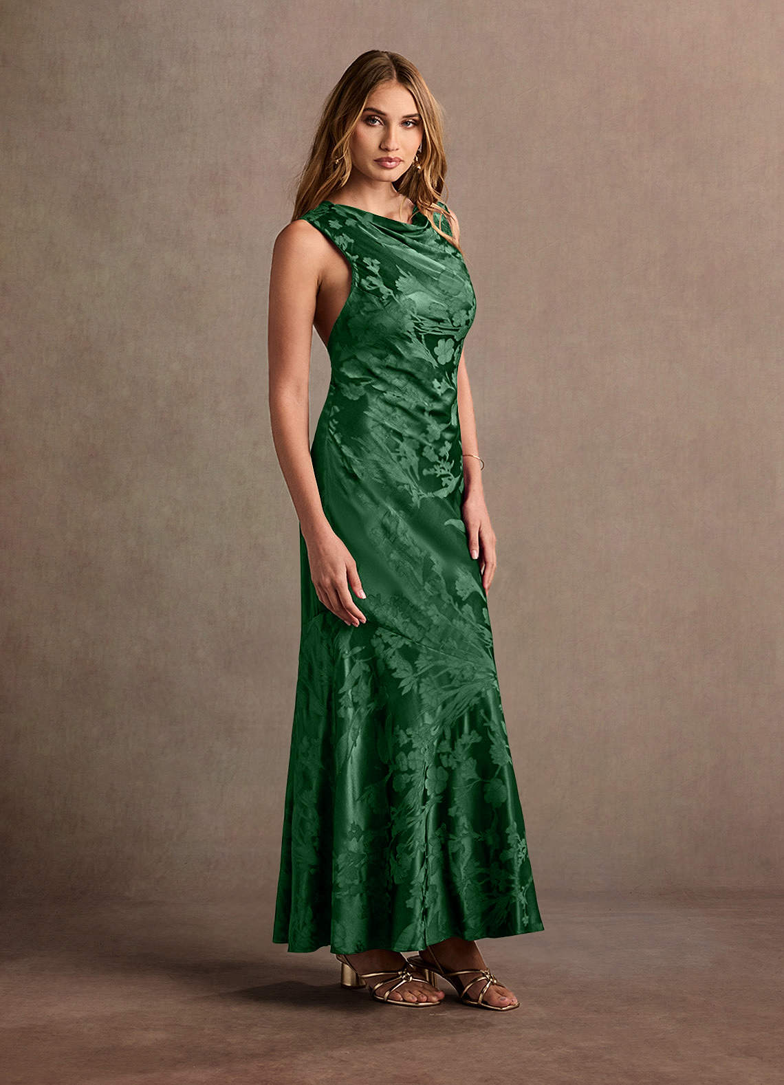 Bellini Hunter Green Jacquard Satin Maxi Dress